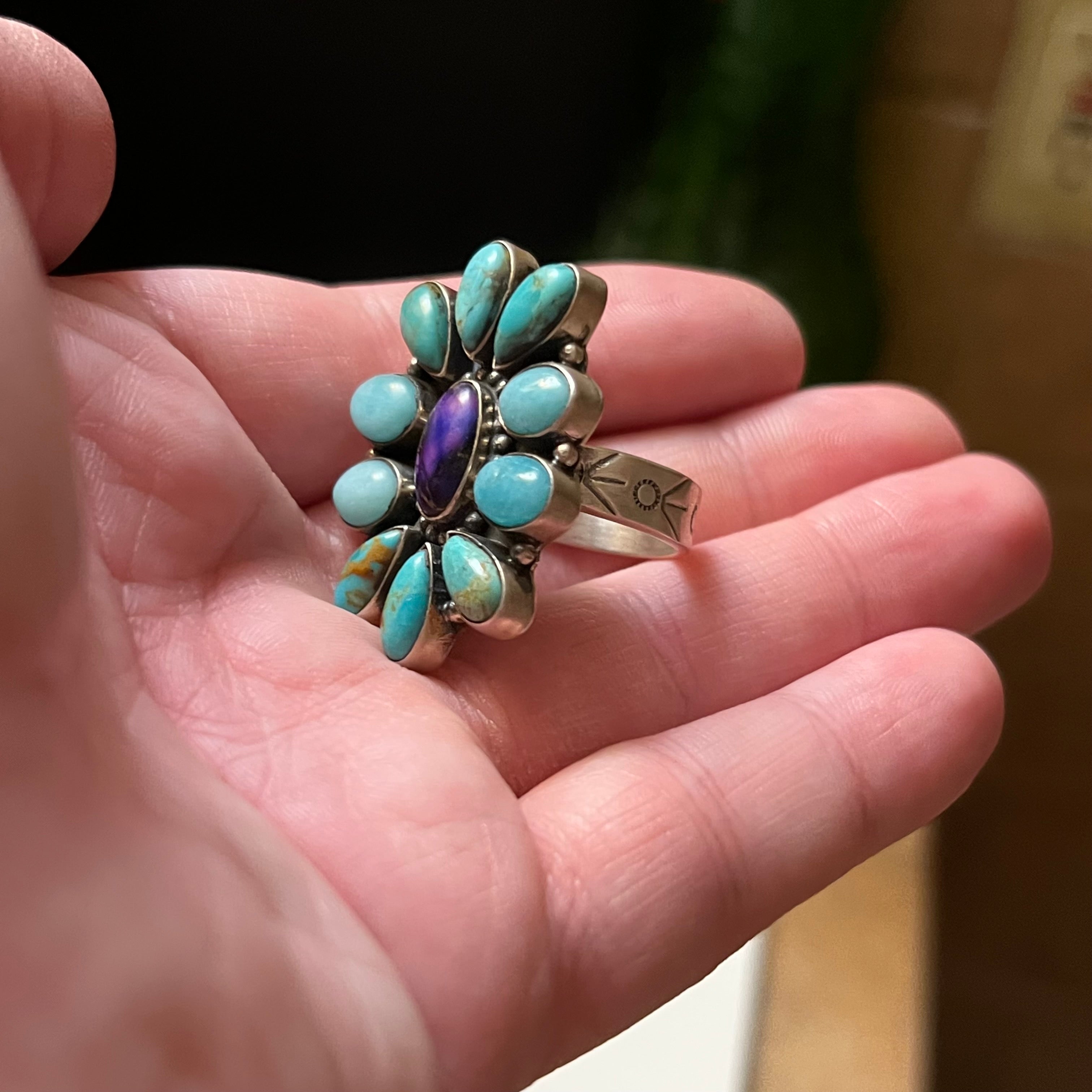Handmade Sterling Silver Turquoise & Purple Spiny Cluster Ring