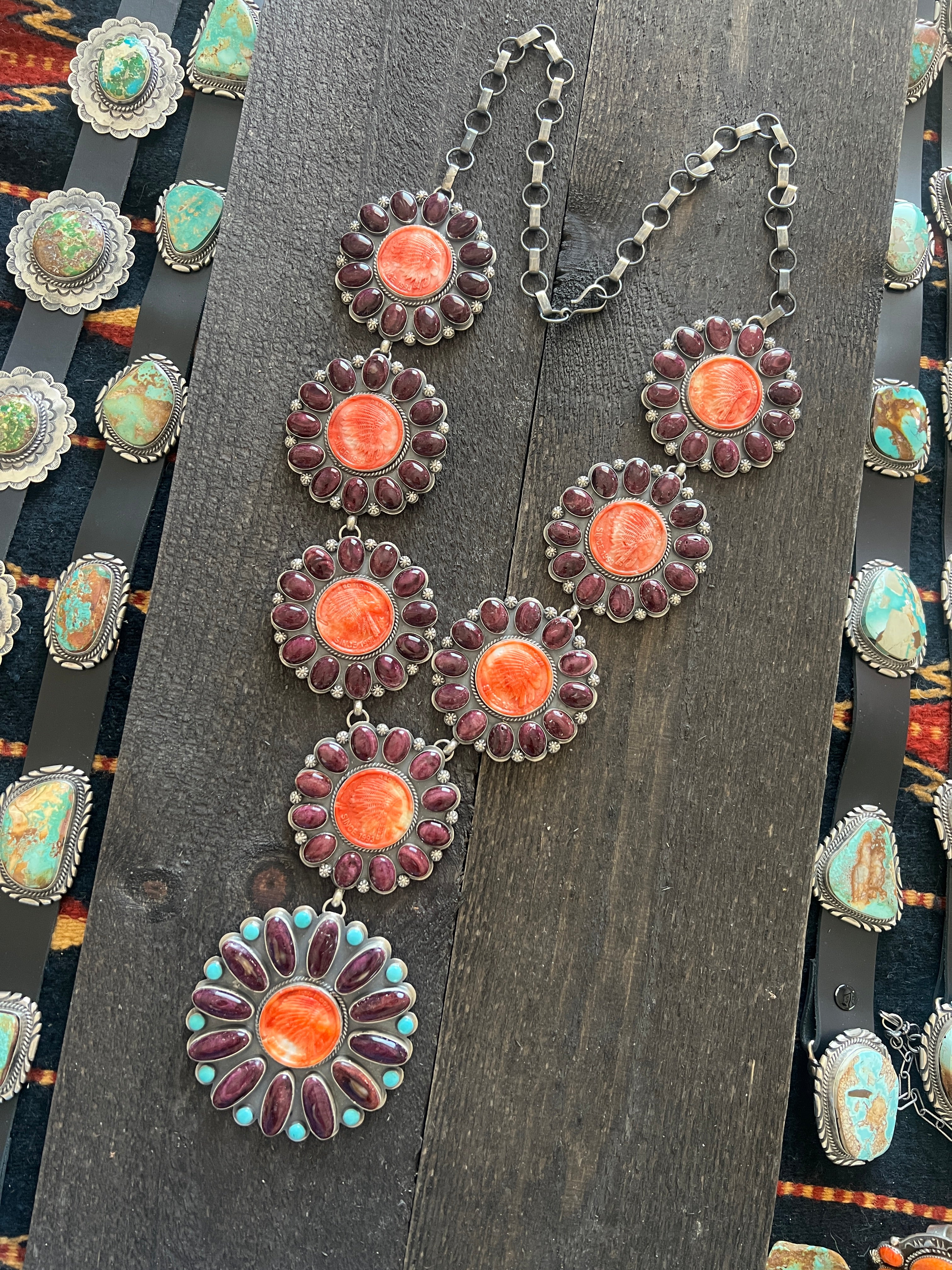 Handcrafted Stunning Sterling Silver, Carved Spiny Oyster and Turquoise Necklace by Gilbert Platero