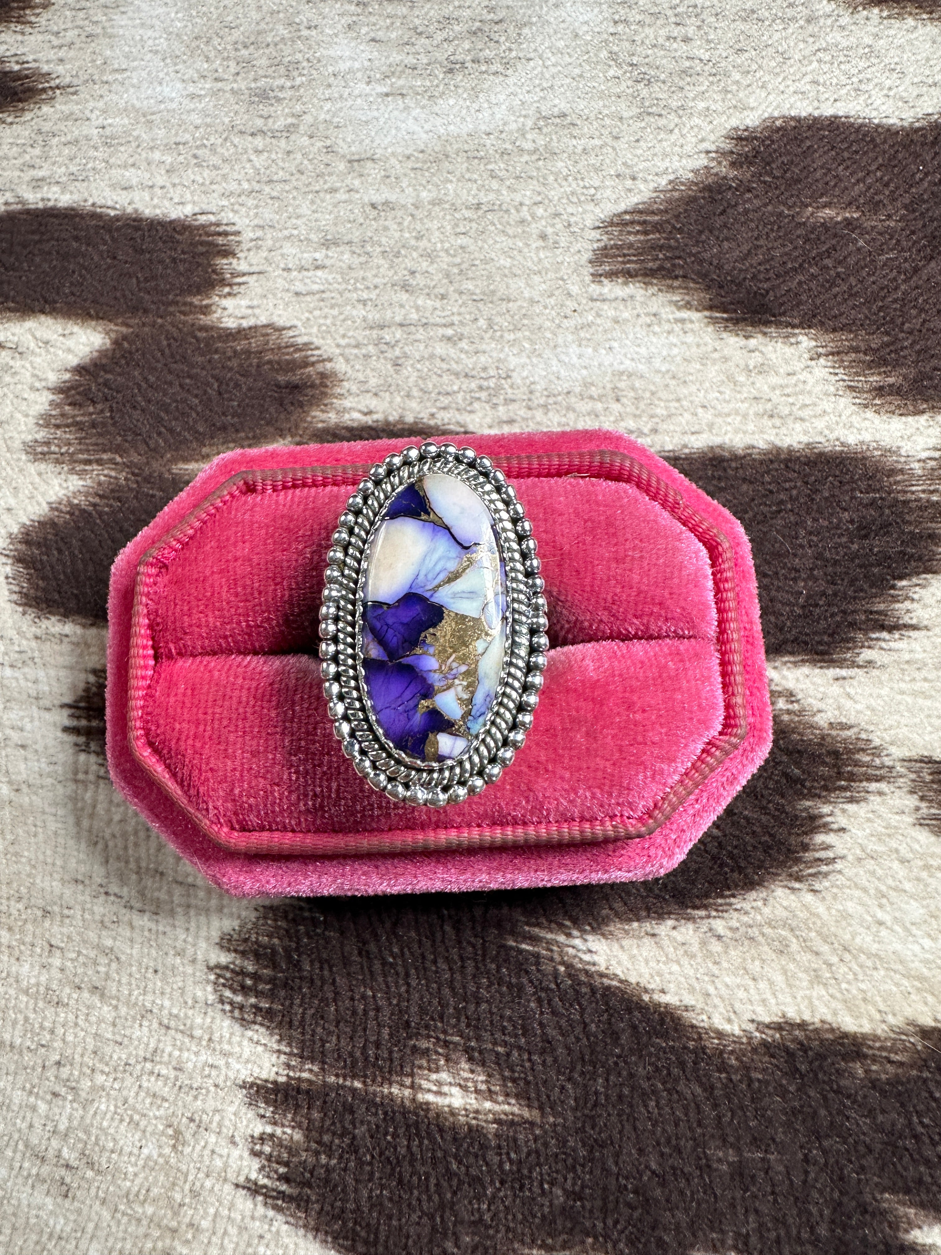 Beautiful Handmade Violet Frost And Sterling Silver Adjustable Ring OVAL