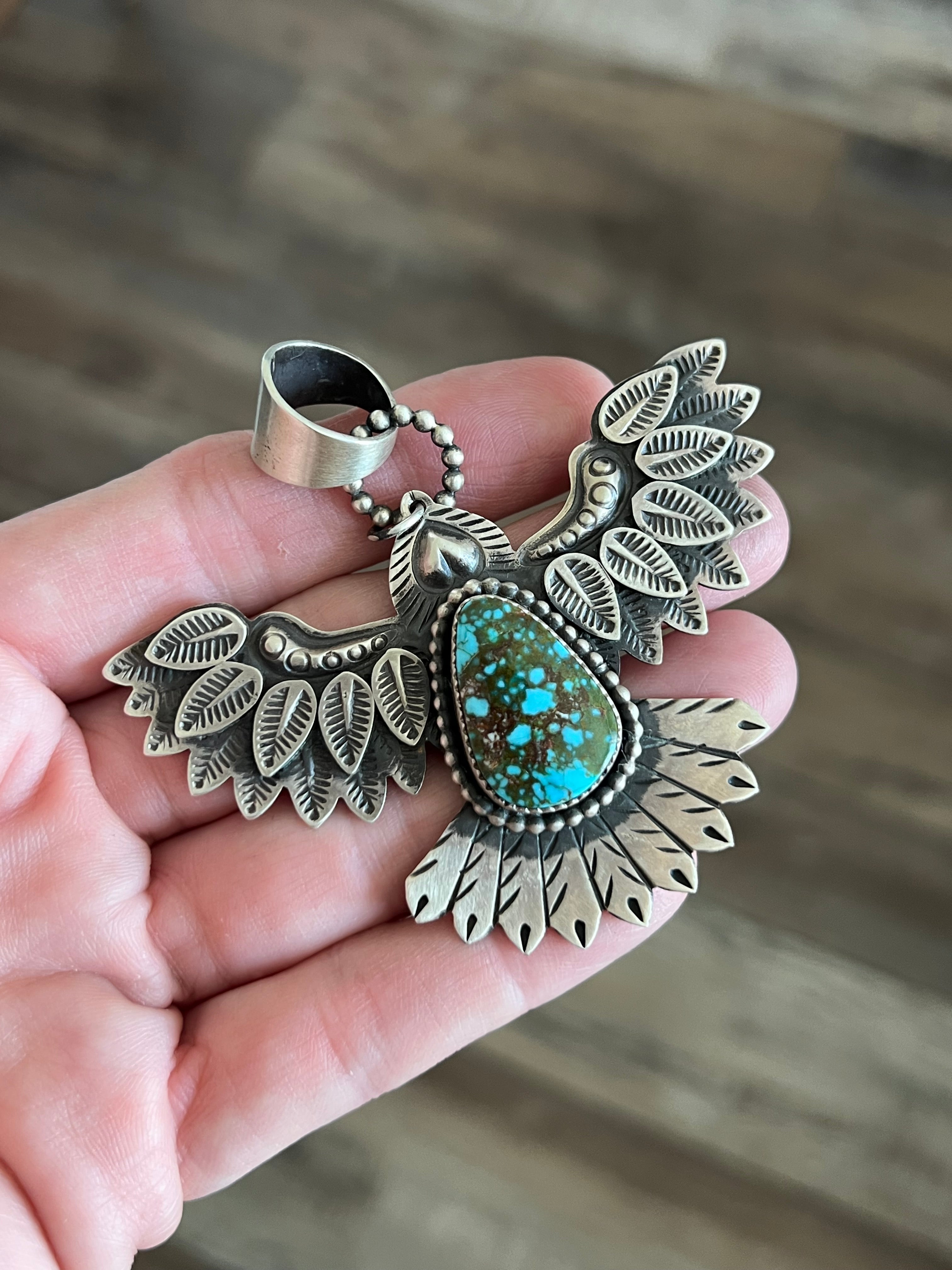 Handcrafted Sterling Silver and Polychrome Kingman Turquoise Eagle Pendant by Derrick Cadman