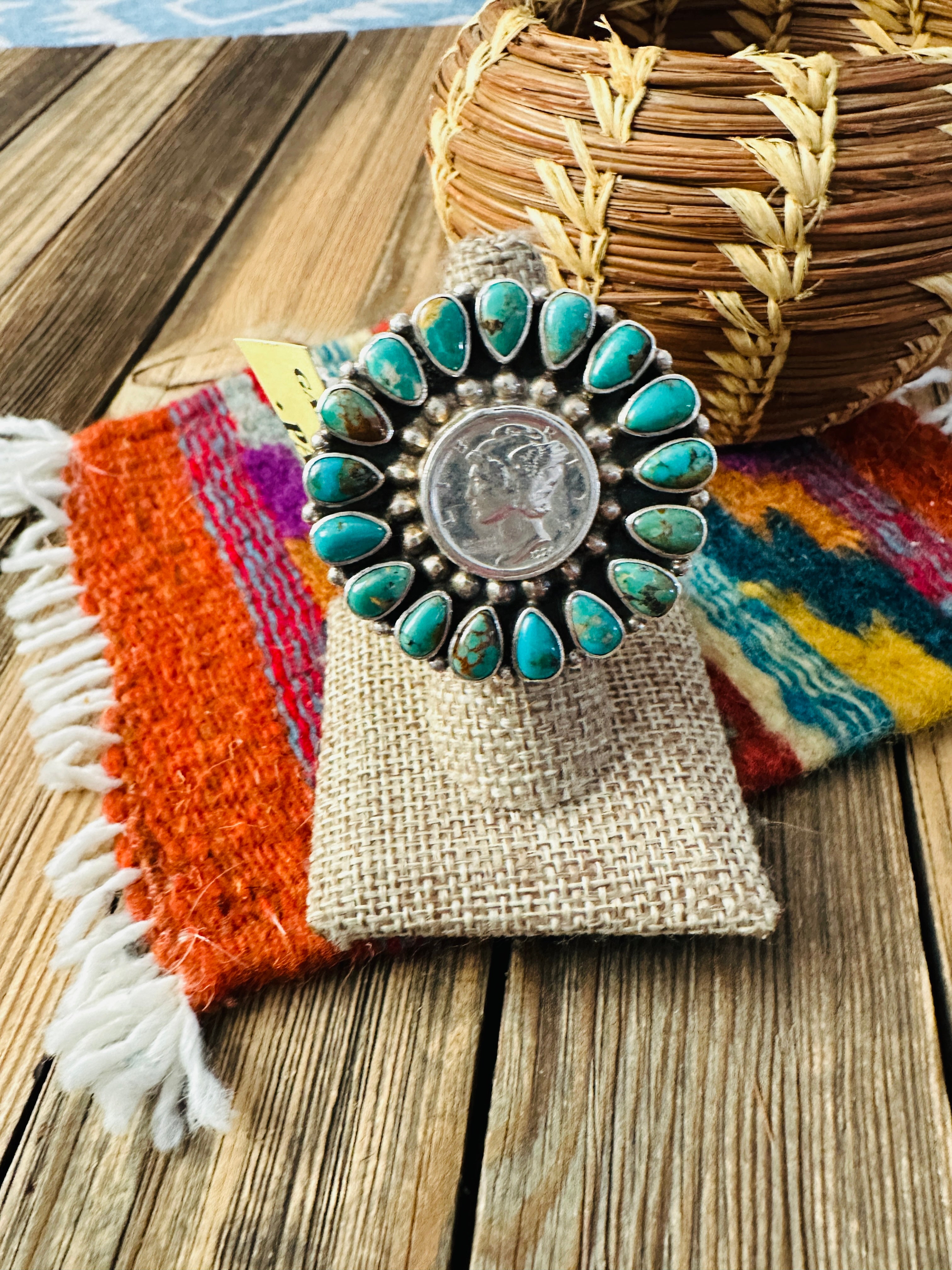 Old Pawn Handcrafted Turquoise & Sterling Silver Liberty Dime Adjustable Ring by Tonya Rafael