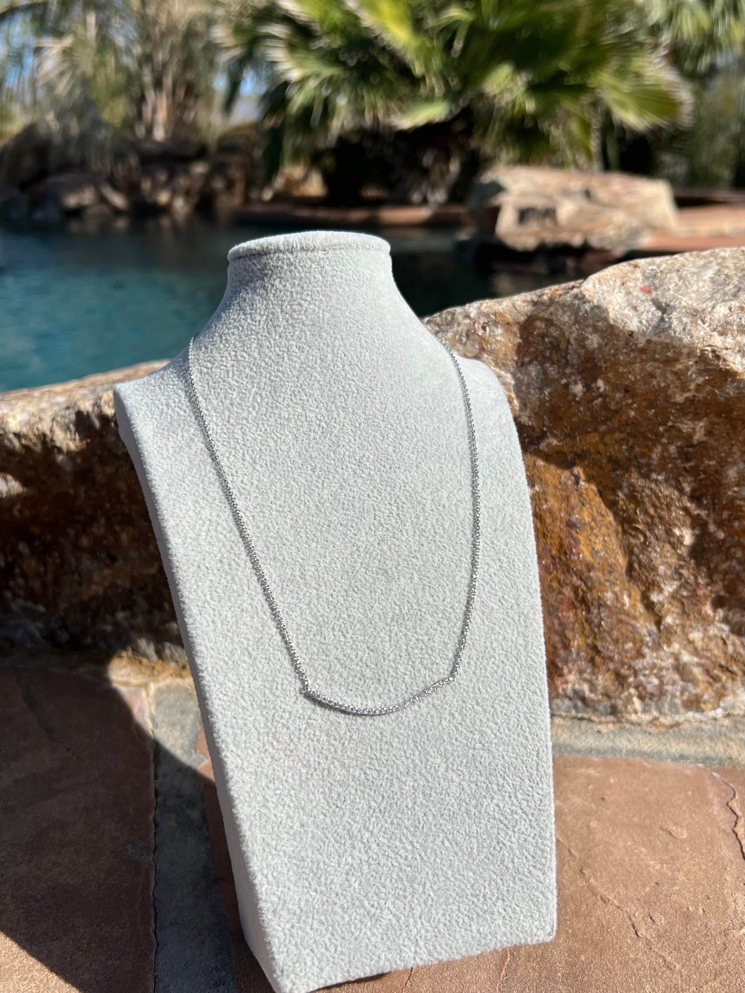 Silver Plated CZ Bar Smile Pendant Chain Necklace