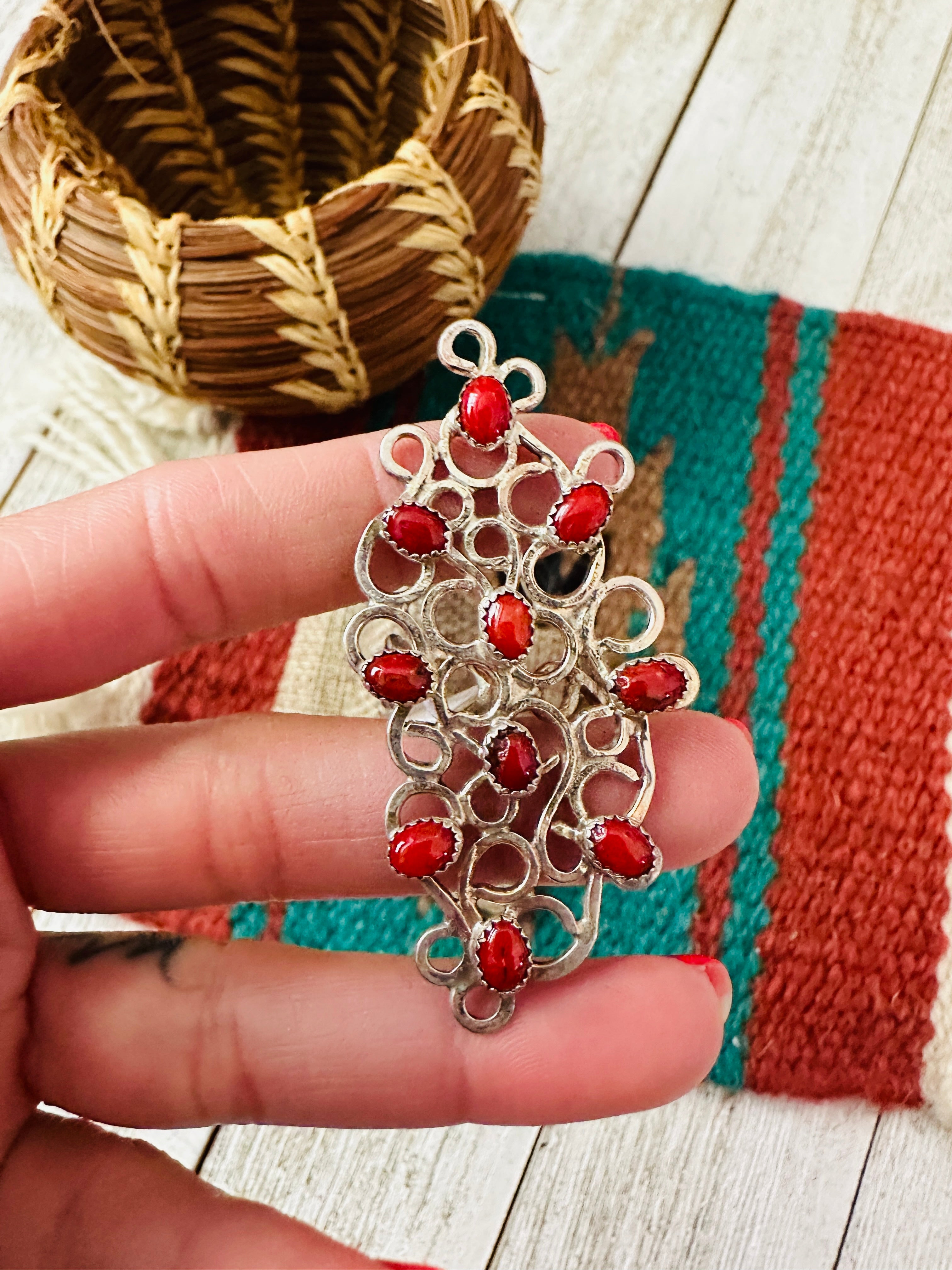 Handcrafted Sterling Silver & Coral Abstract Statement Ring Size 8.5