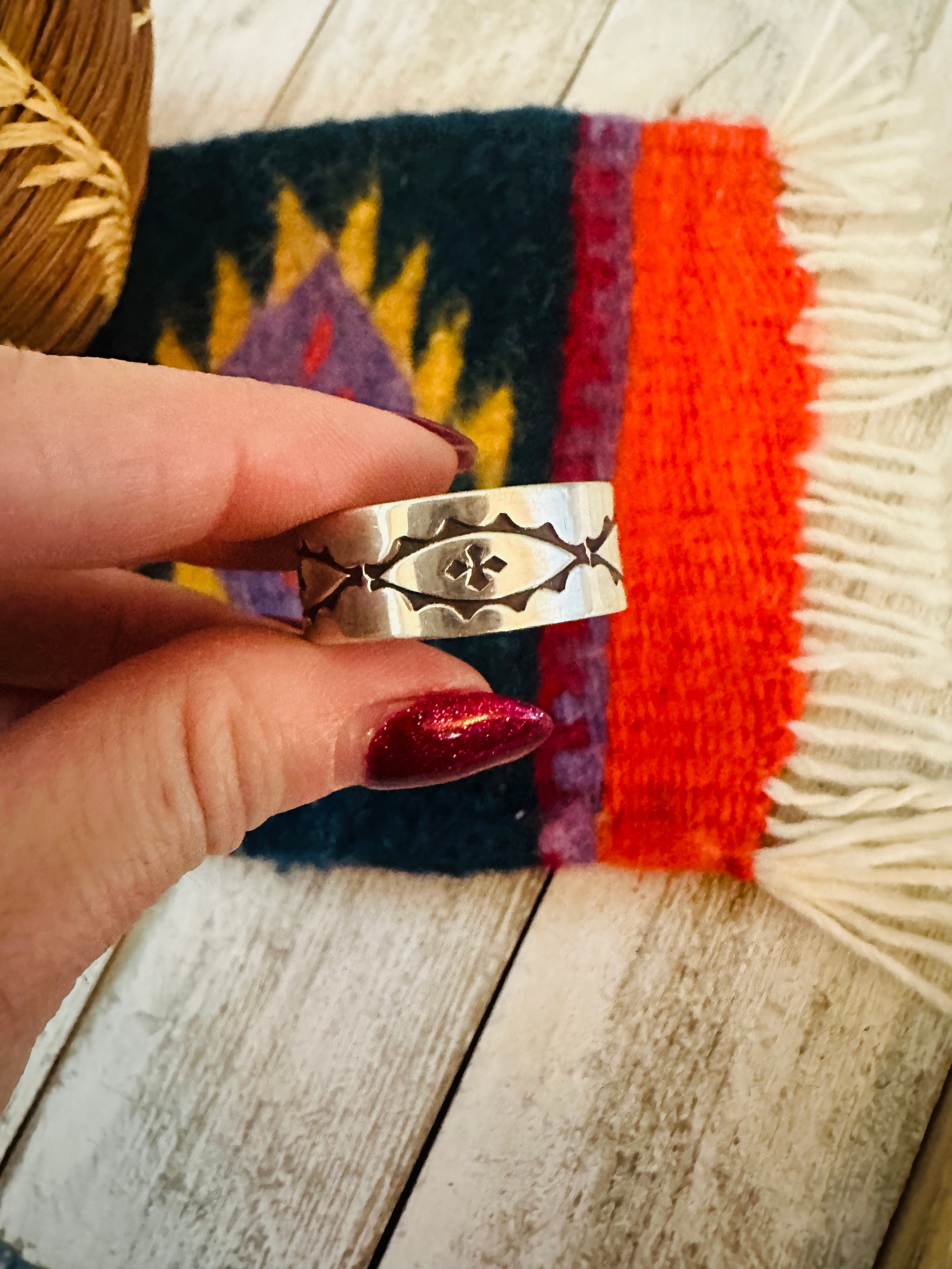 Handcrafted Hand Stamped Sterling Silver Band Ring Size 15