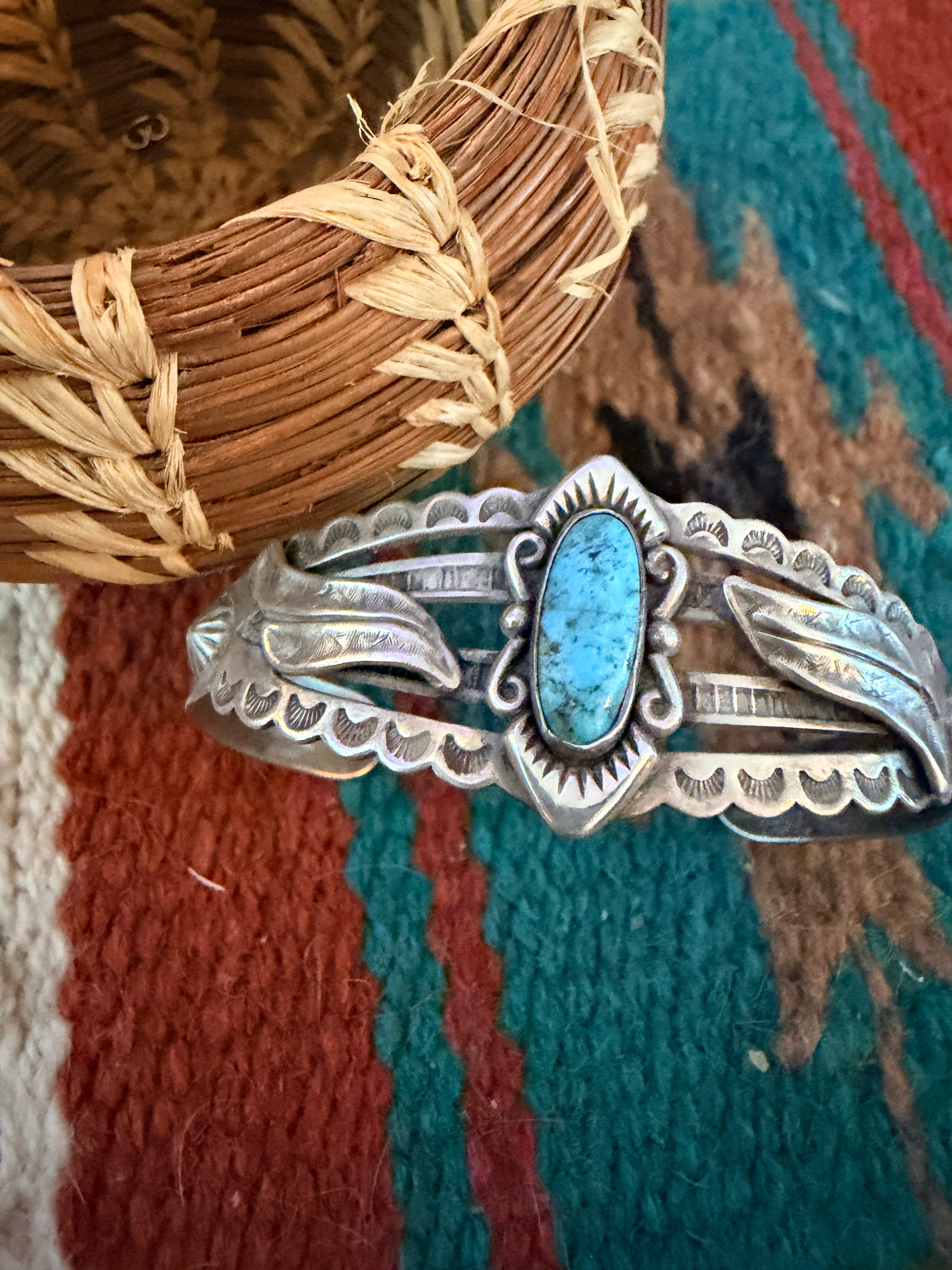 Handcrafted Old Pawn Sterling Silver & Turquoise Cuff Bracelet