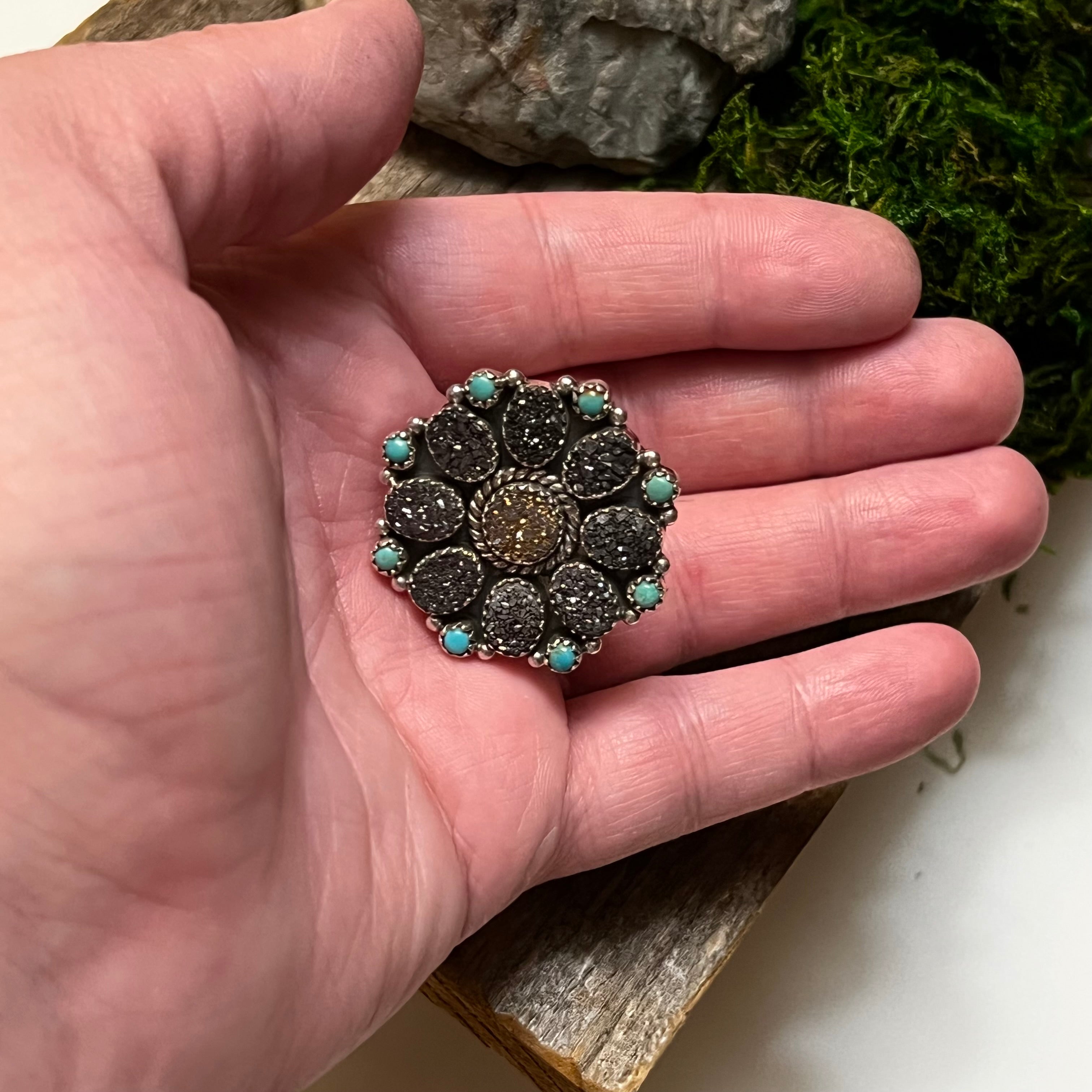 Handmade Sterling Silver Turquoise, Black & Gold Druzy Cluster Ring