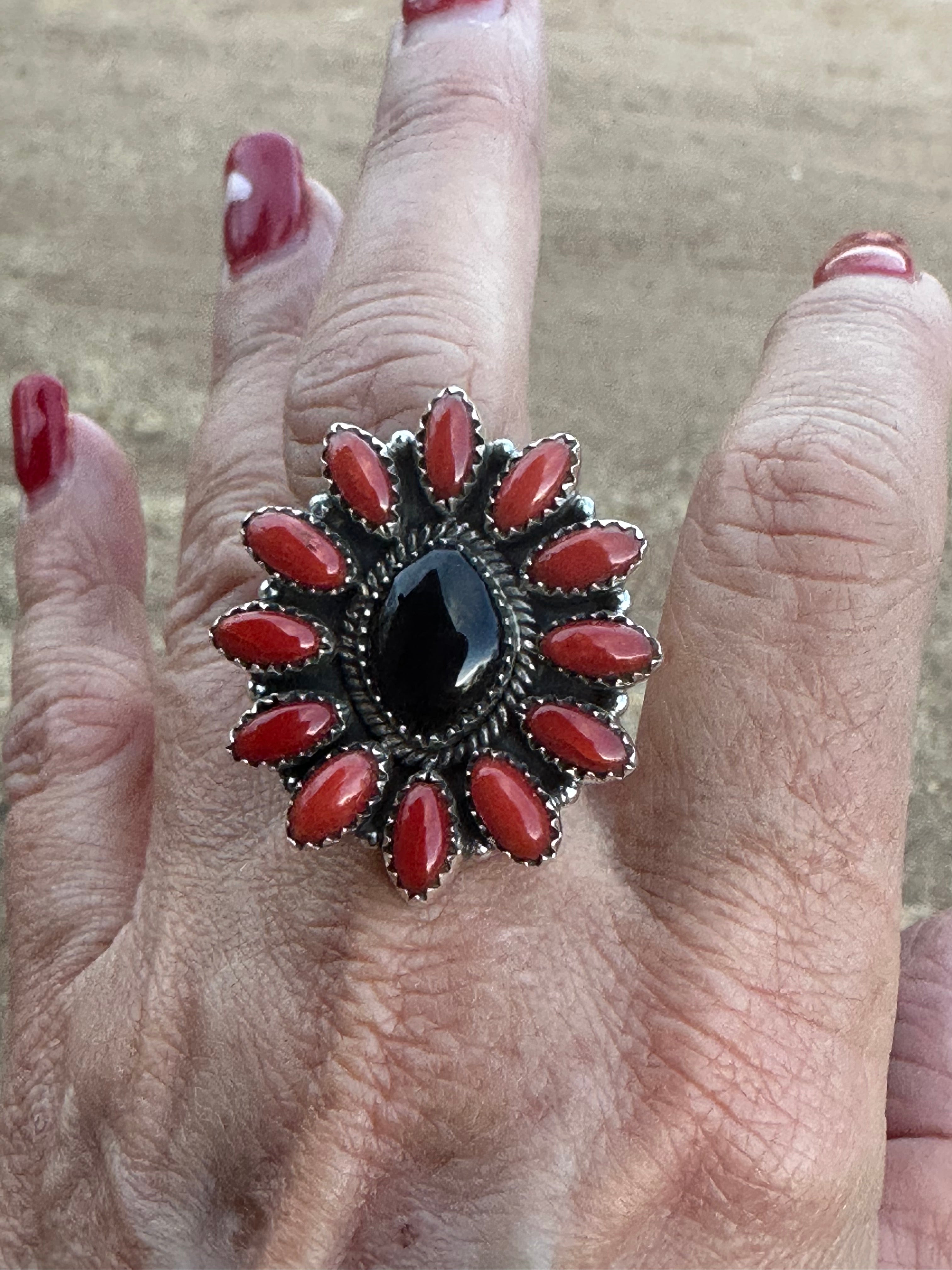 Black Onyx and Coral Sterling Silver Handmade Adjustable Ring