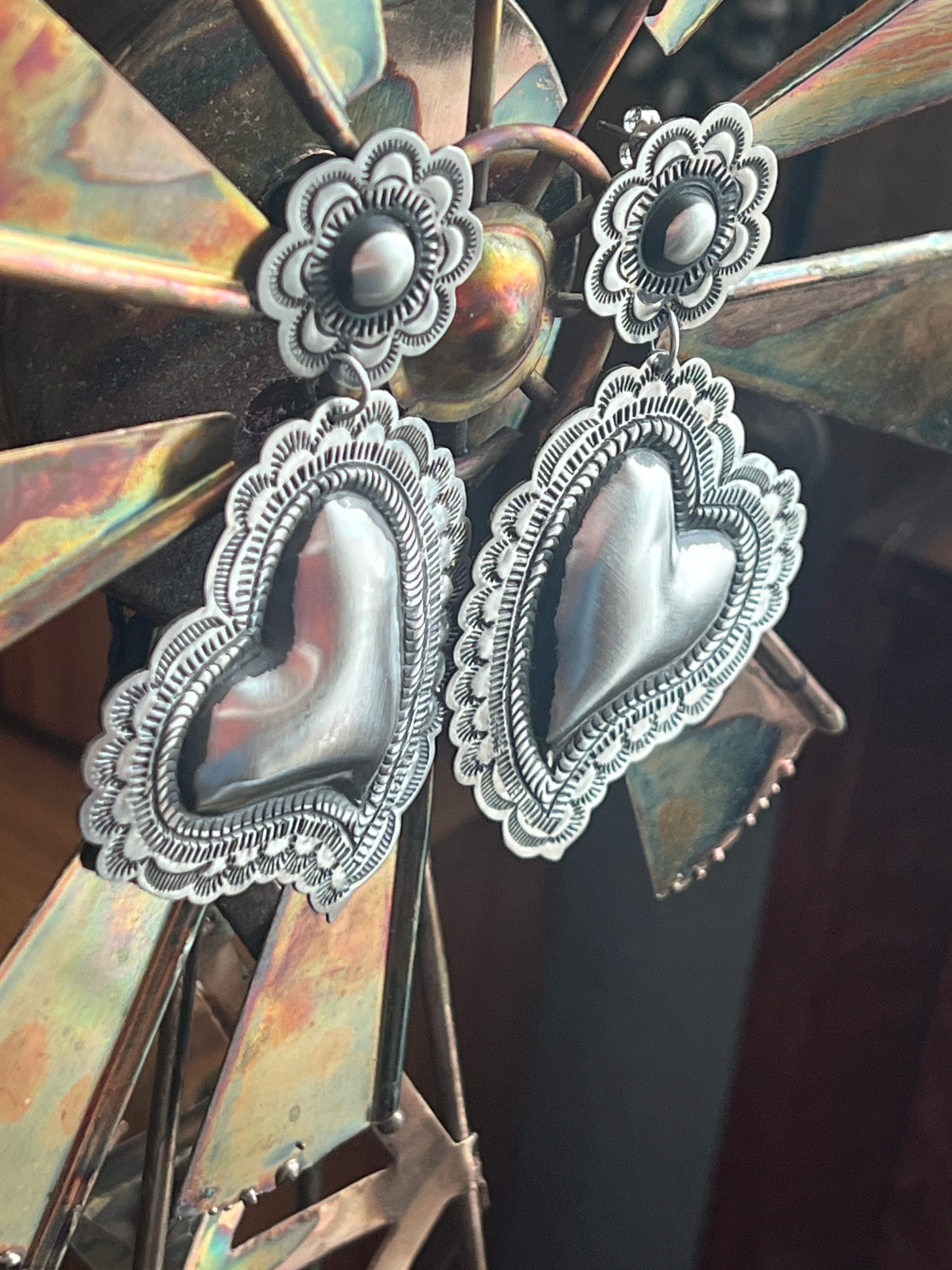 Handcrafted Sterling Silver Stamped Repousse Heart Earrings by Leander Tahe, AH2