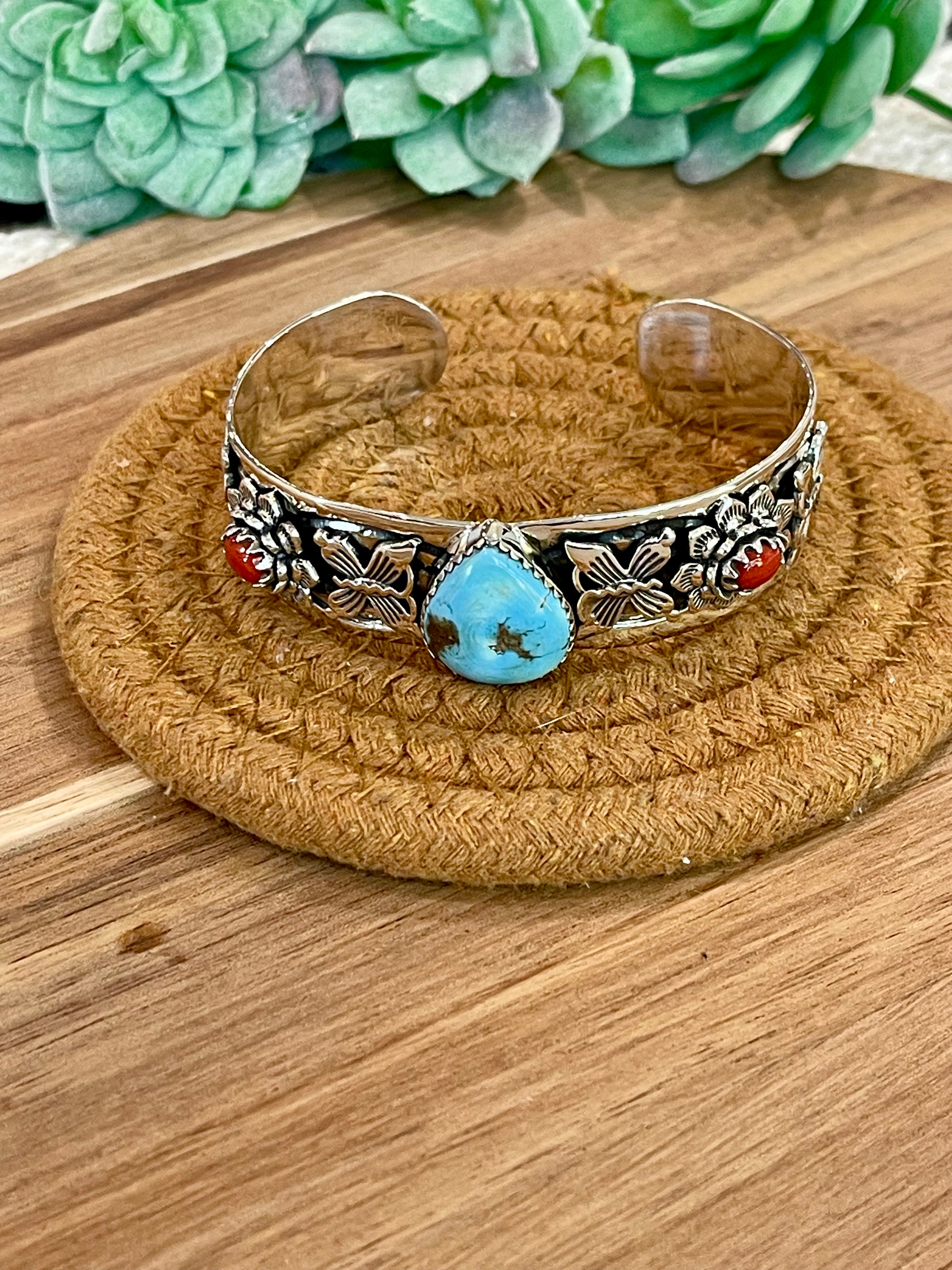 Handmade Sterling Silver Golden Hills Turquoise & Coral Cuff Bracelet with Signed Nizhoni
