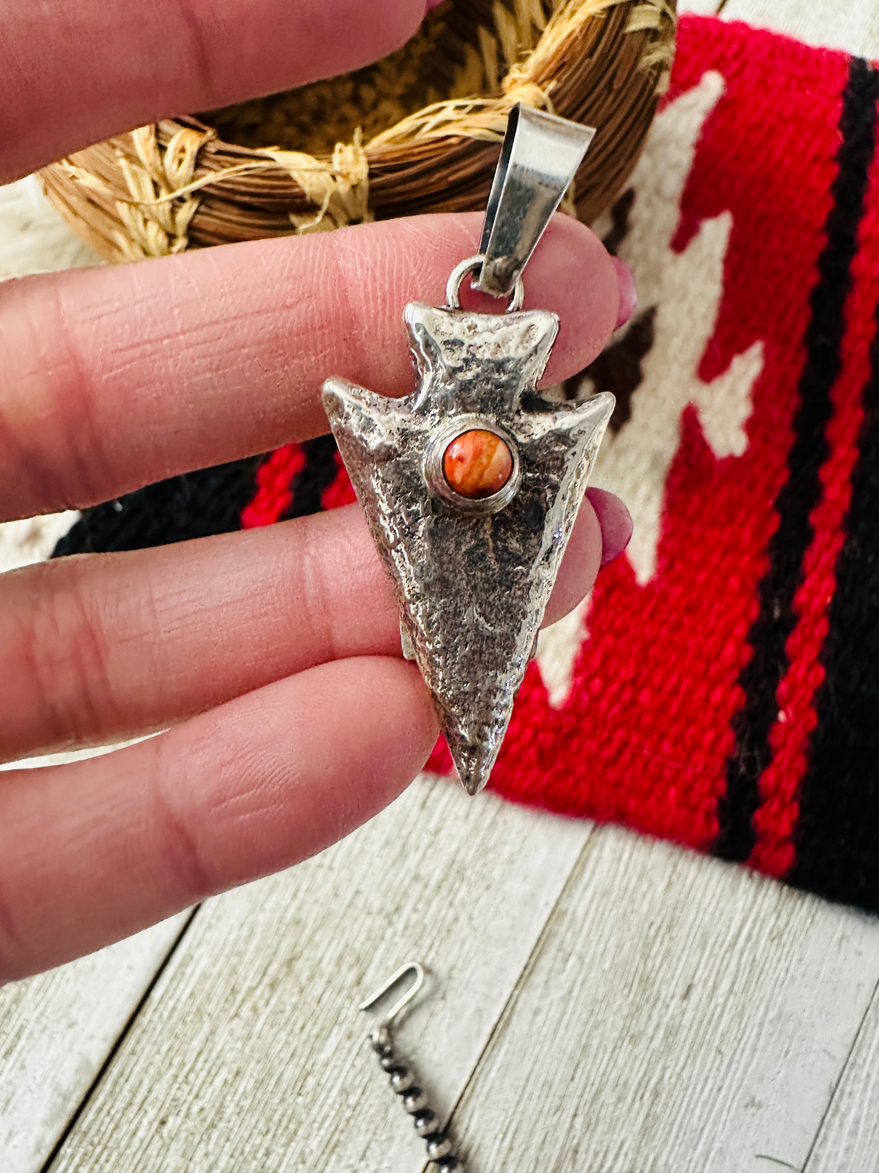 Handcrafted Sterling Silver and Orange Spiny Arrowhead Pendant by Charles Johnson