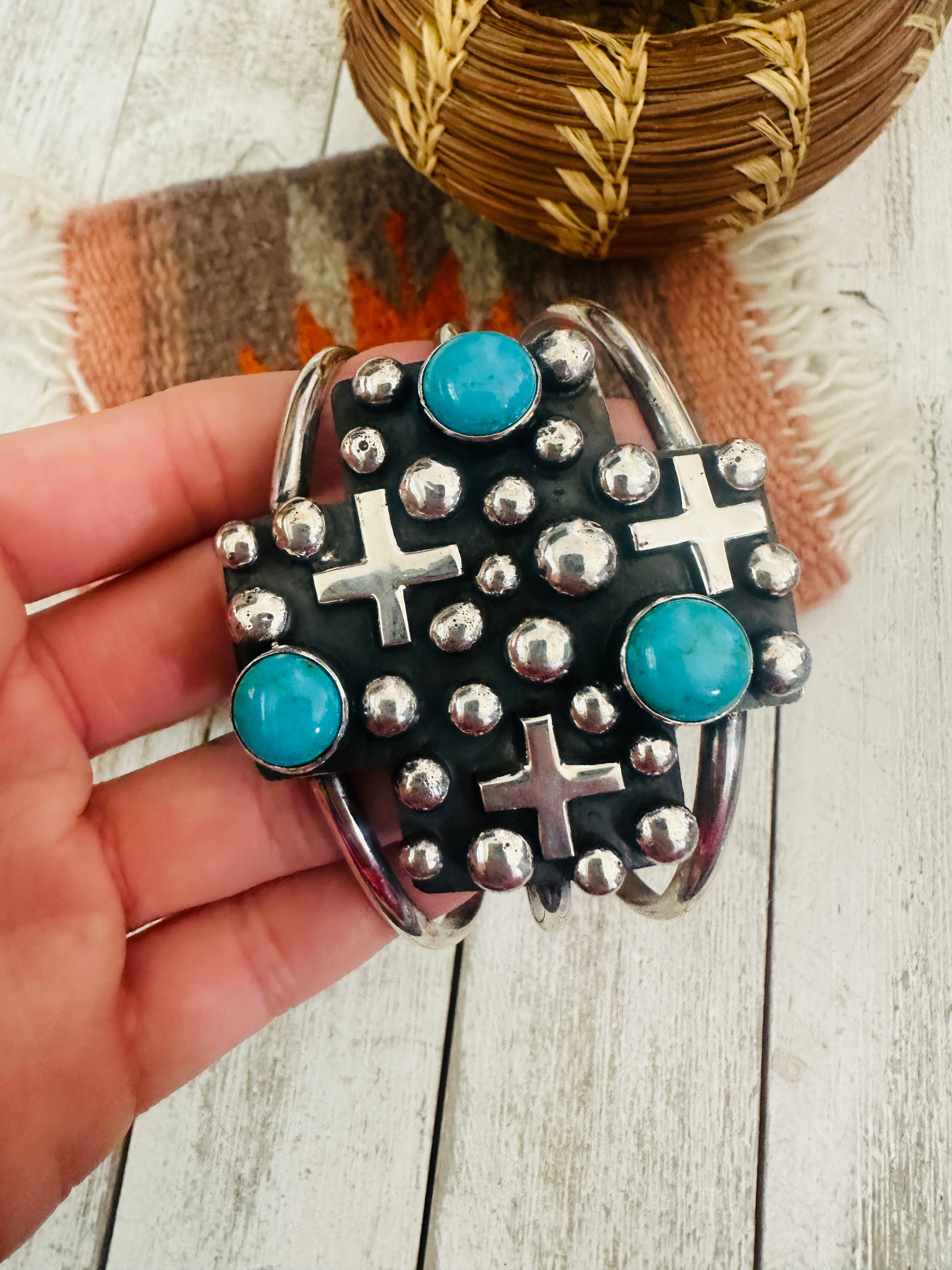 Navajo Turquoise & Sterling Silver Cross Cuff Bracelet By Chimney Butte /
