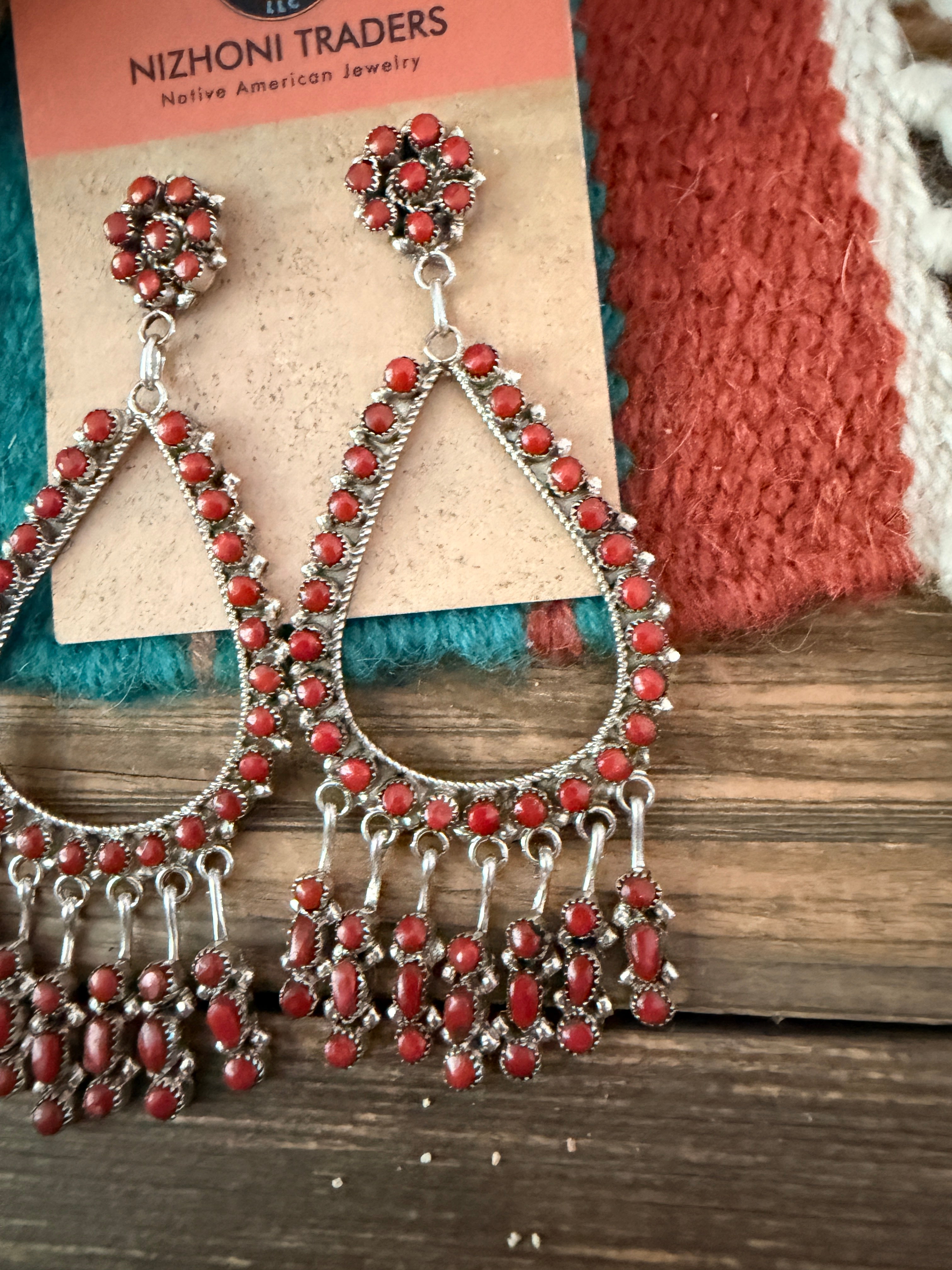 Handcrafted Coral & Sterling Silver Chandelier Dangle Earrings