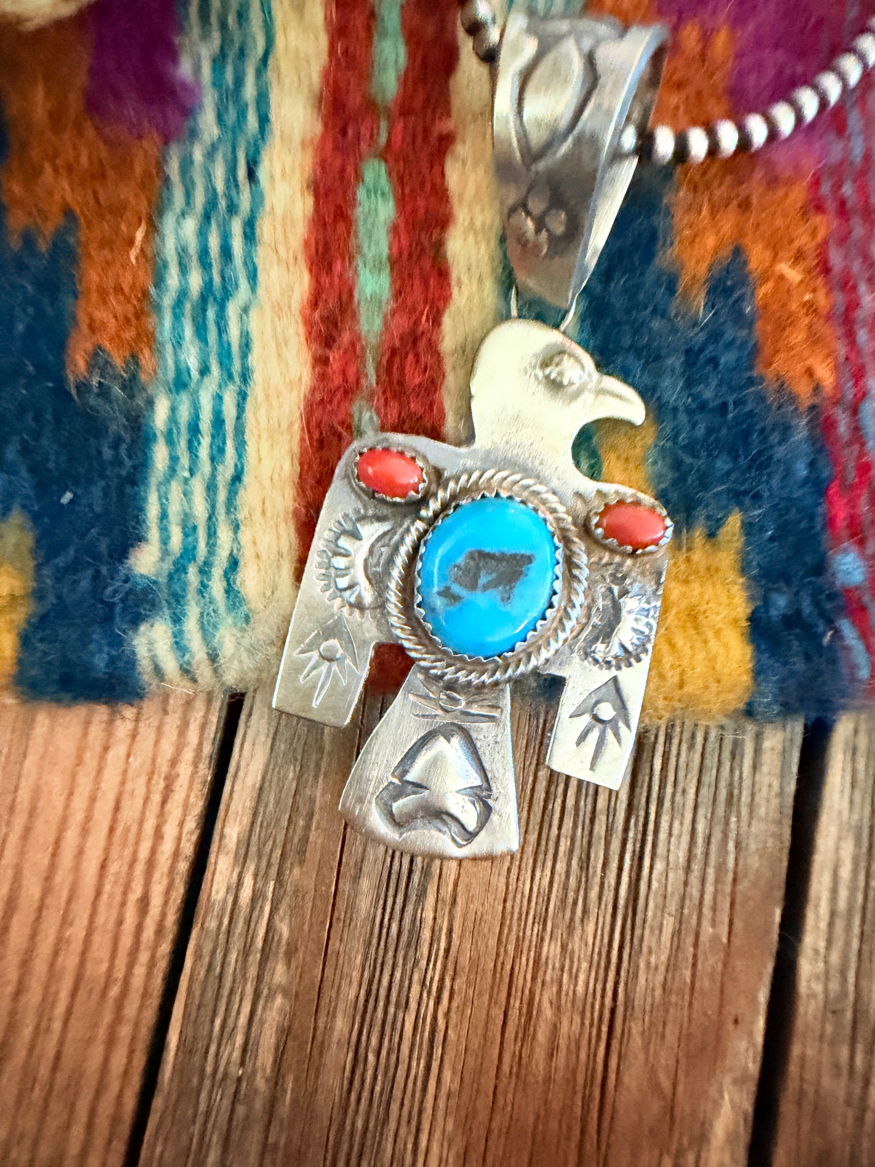 Handcrafted Turquoise, Coral & Sterling Silver Thunderbird Pendant by Richard Yazzie