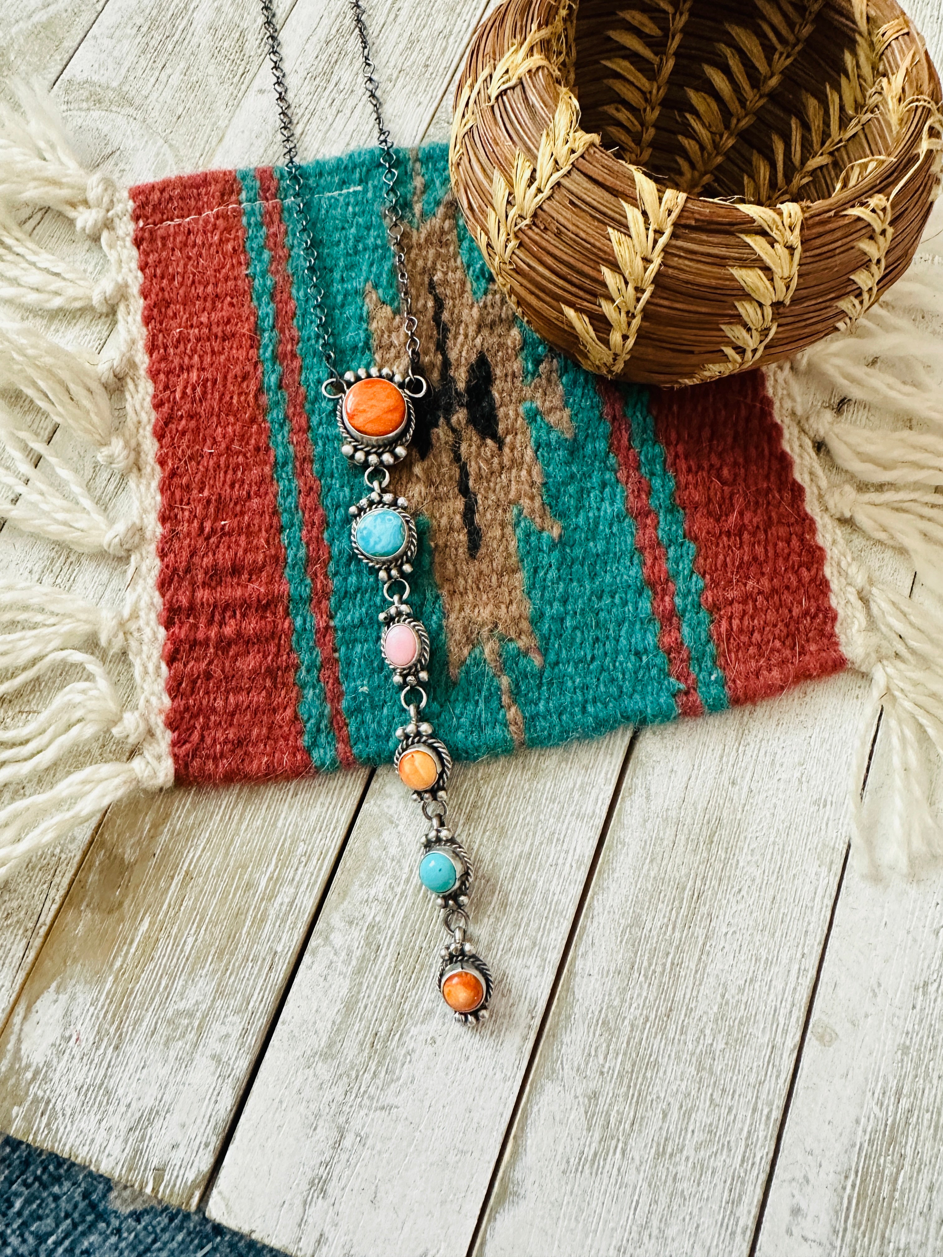 Handcrafted Sterling Silver & Multi Stone Lariat Necklace