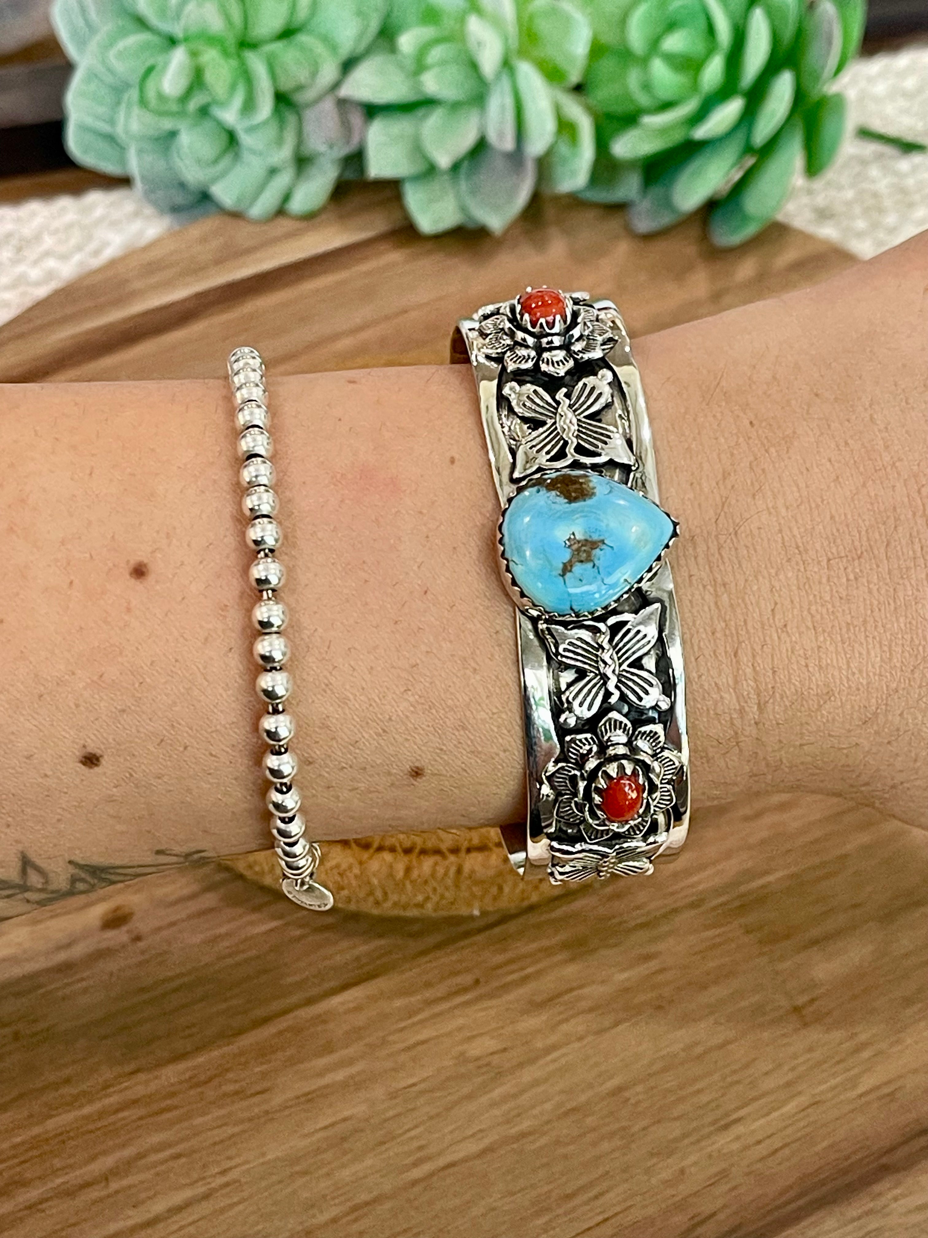 Handmade Sterling Silver Golden Hills Turquoise & Coral Cuff Bracelet with Signed Nizhoni