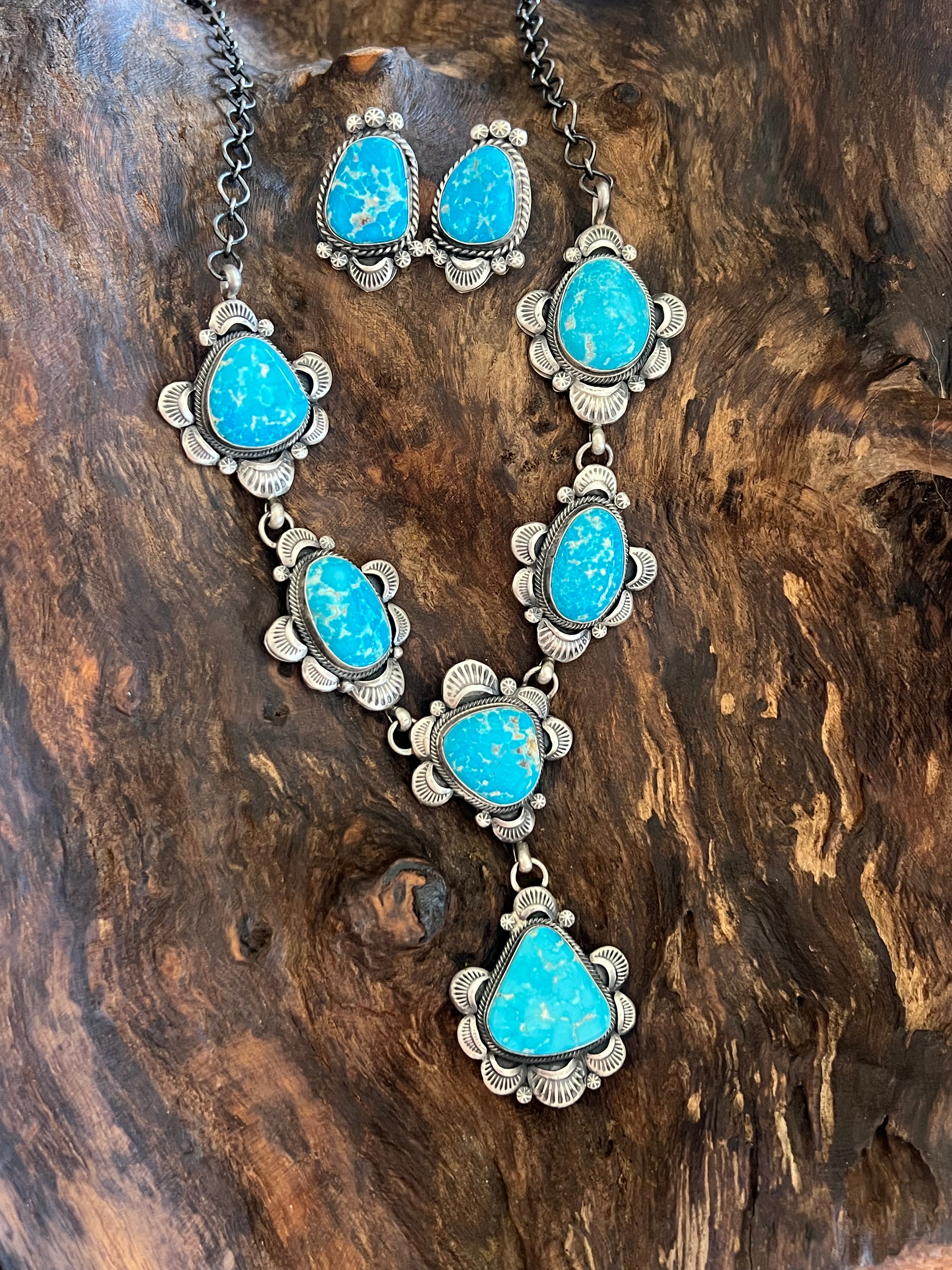Handcrafted Stellar Sterling Silver and Whitewater Turquoise Necklace and Earrings Set by Gilbert Tom