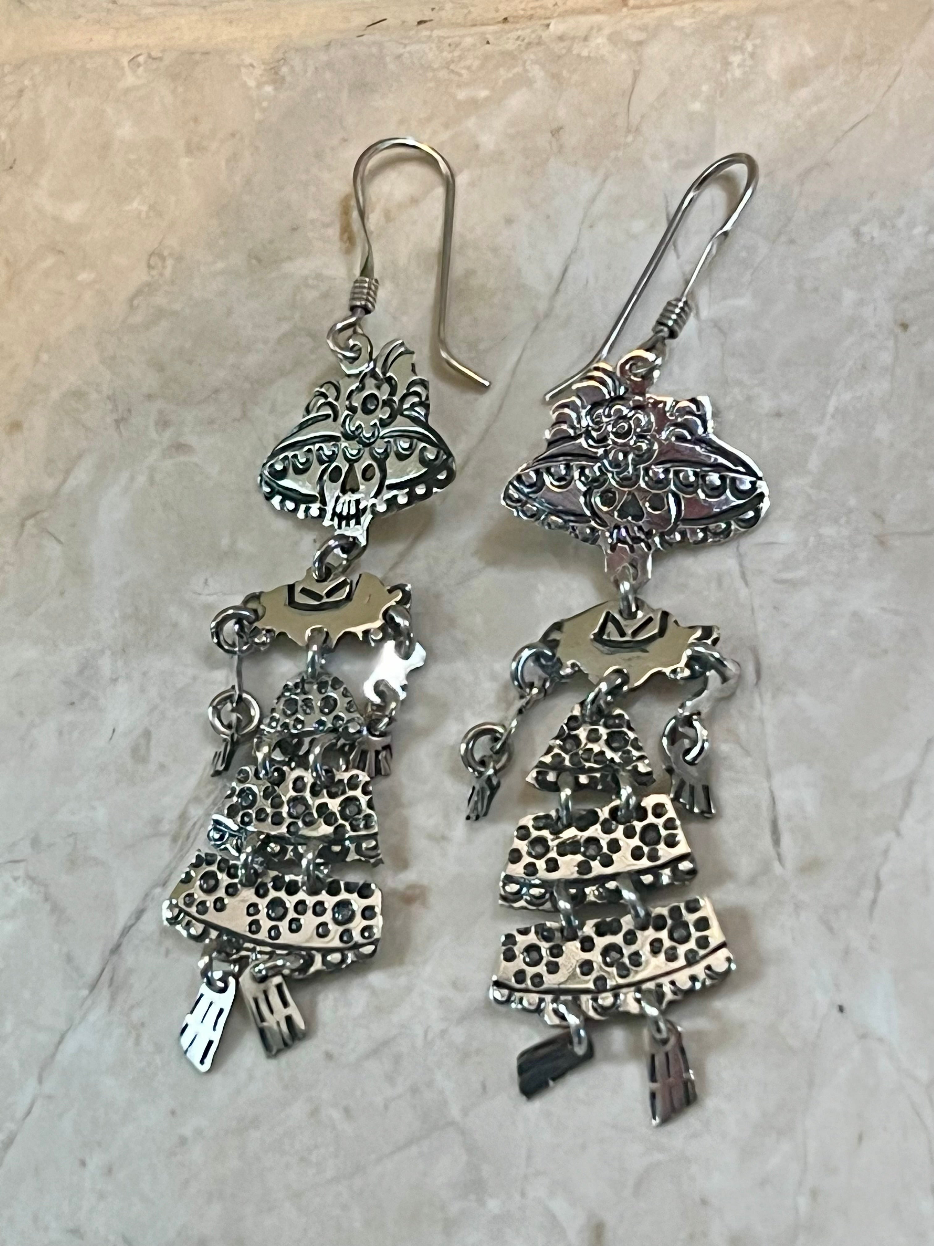 Hinged Catrina on Hook Sterling Silver Earrings
