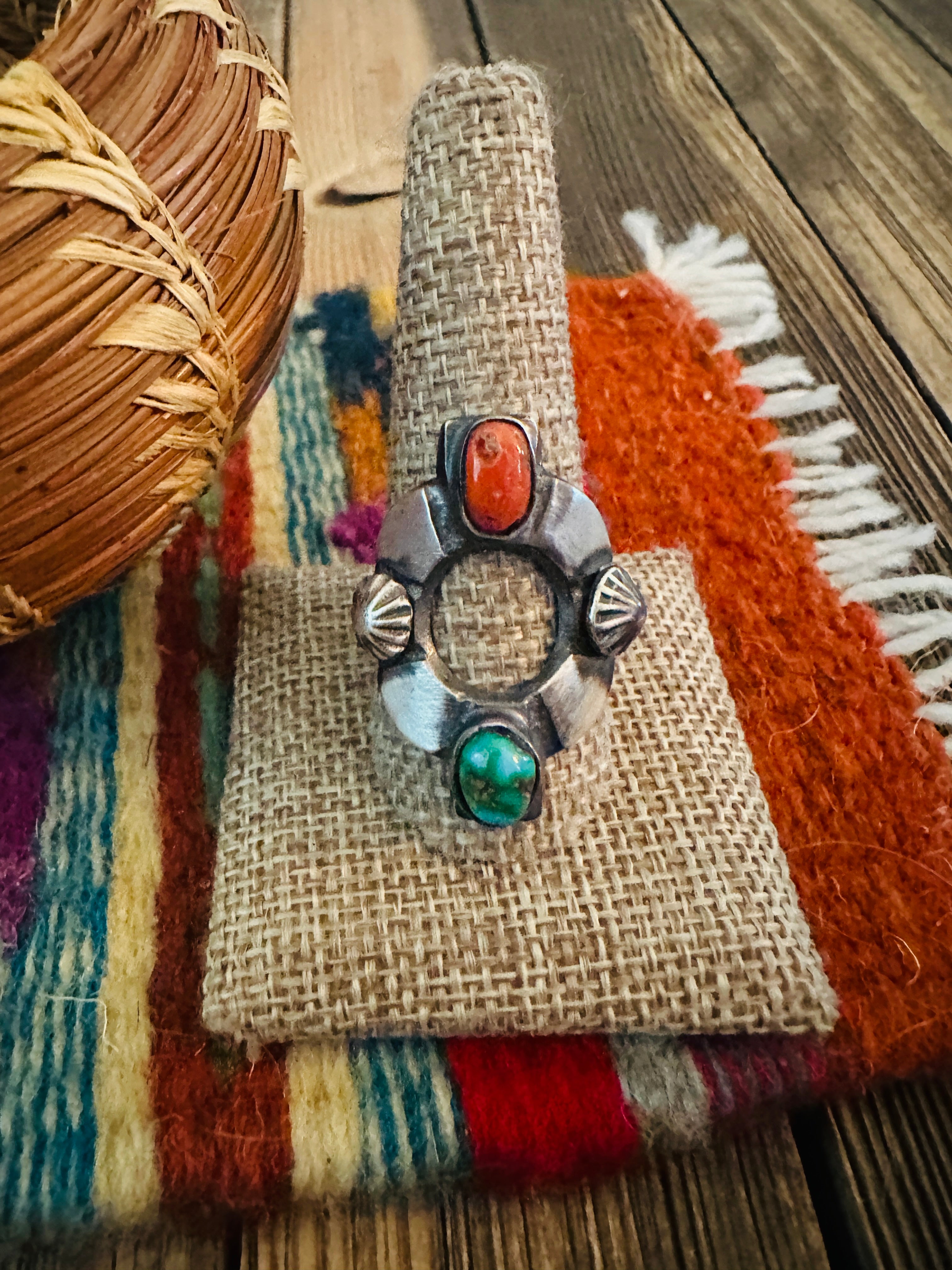 Handcrafted Turquoise, Coral & Sterling Silver Ring Size 11 by Chimney Butte