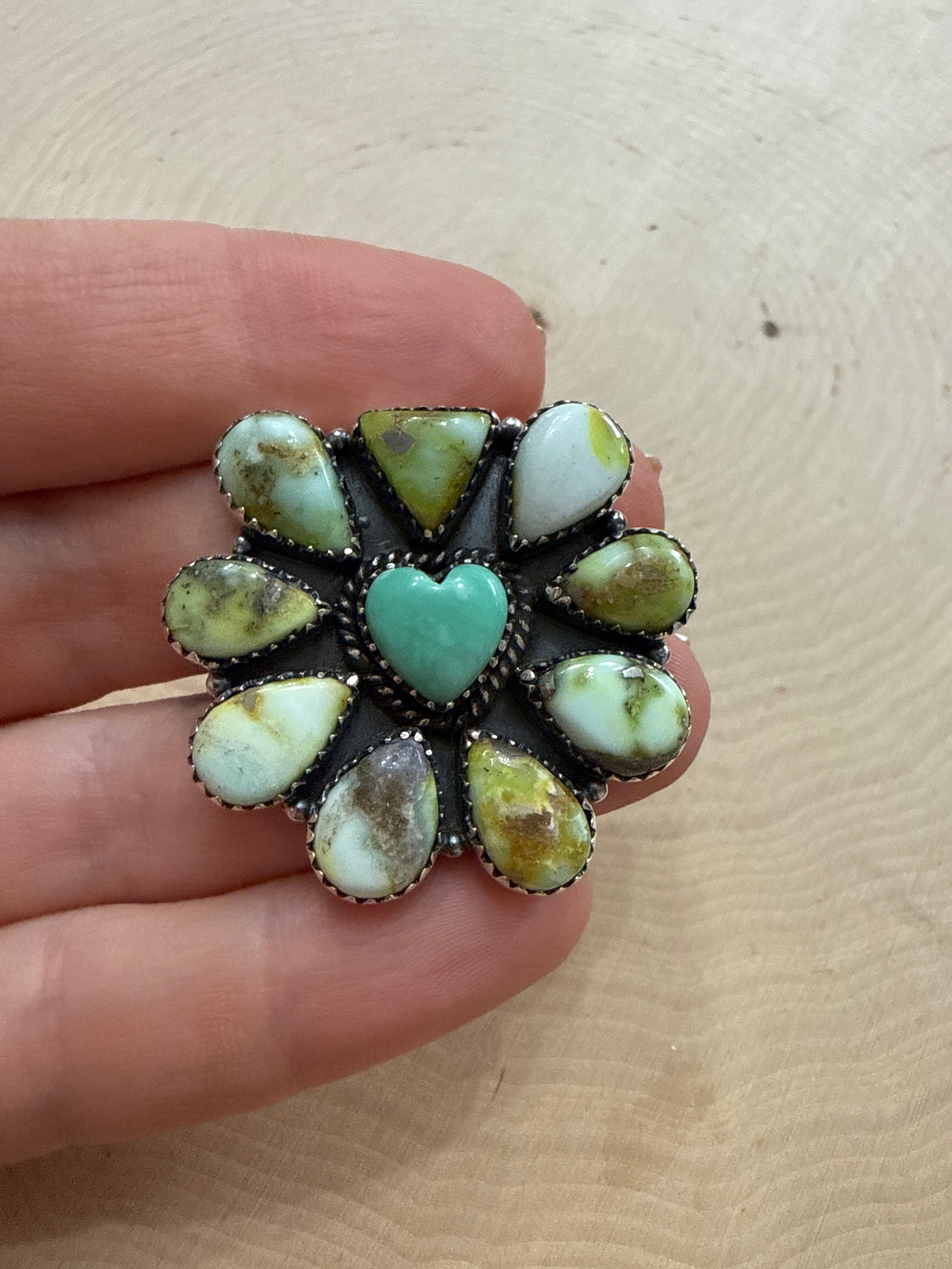 Beautiful Handmade Palomino Turquoise, Paloma Turquoise And Sterling Silver Adjustable Heart Ring