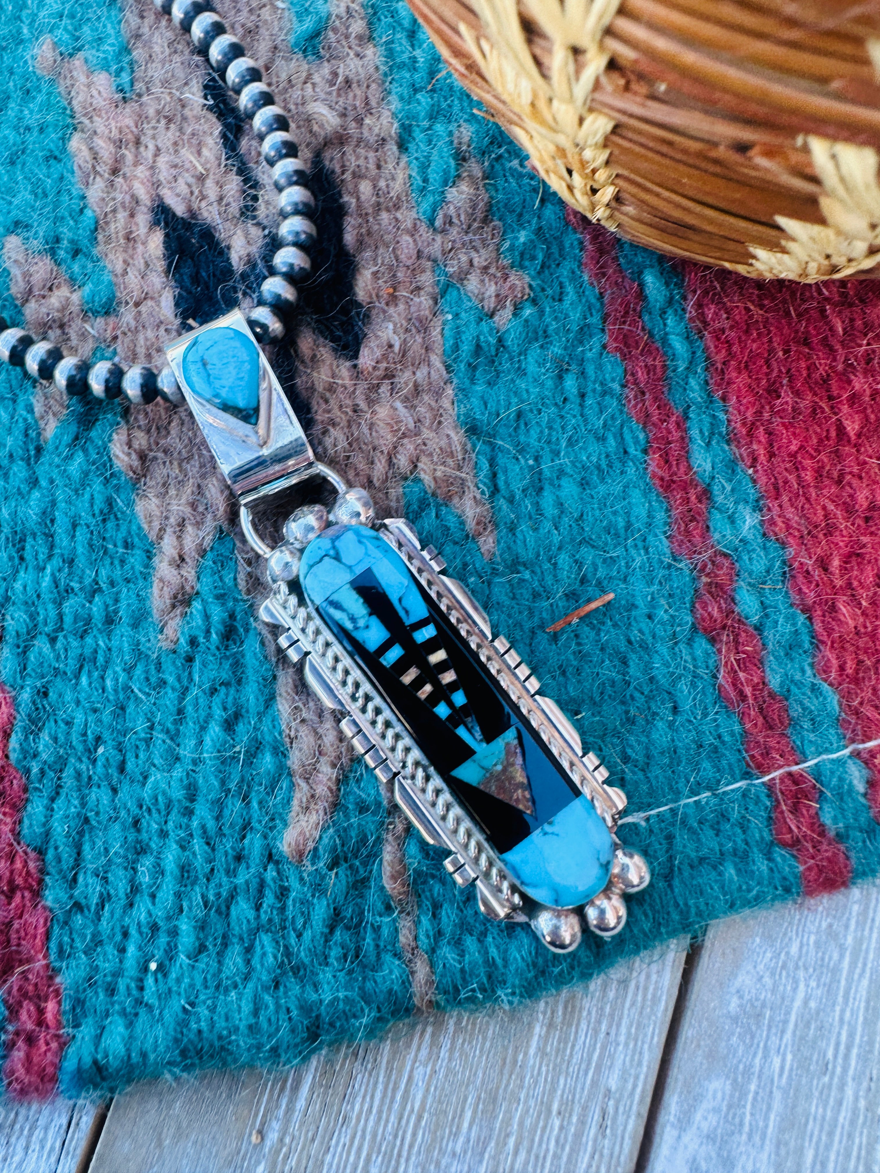 Handcrafted Sterling Silver and Multi Stone Inlay Pendant by Ray Jack