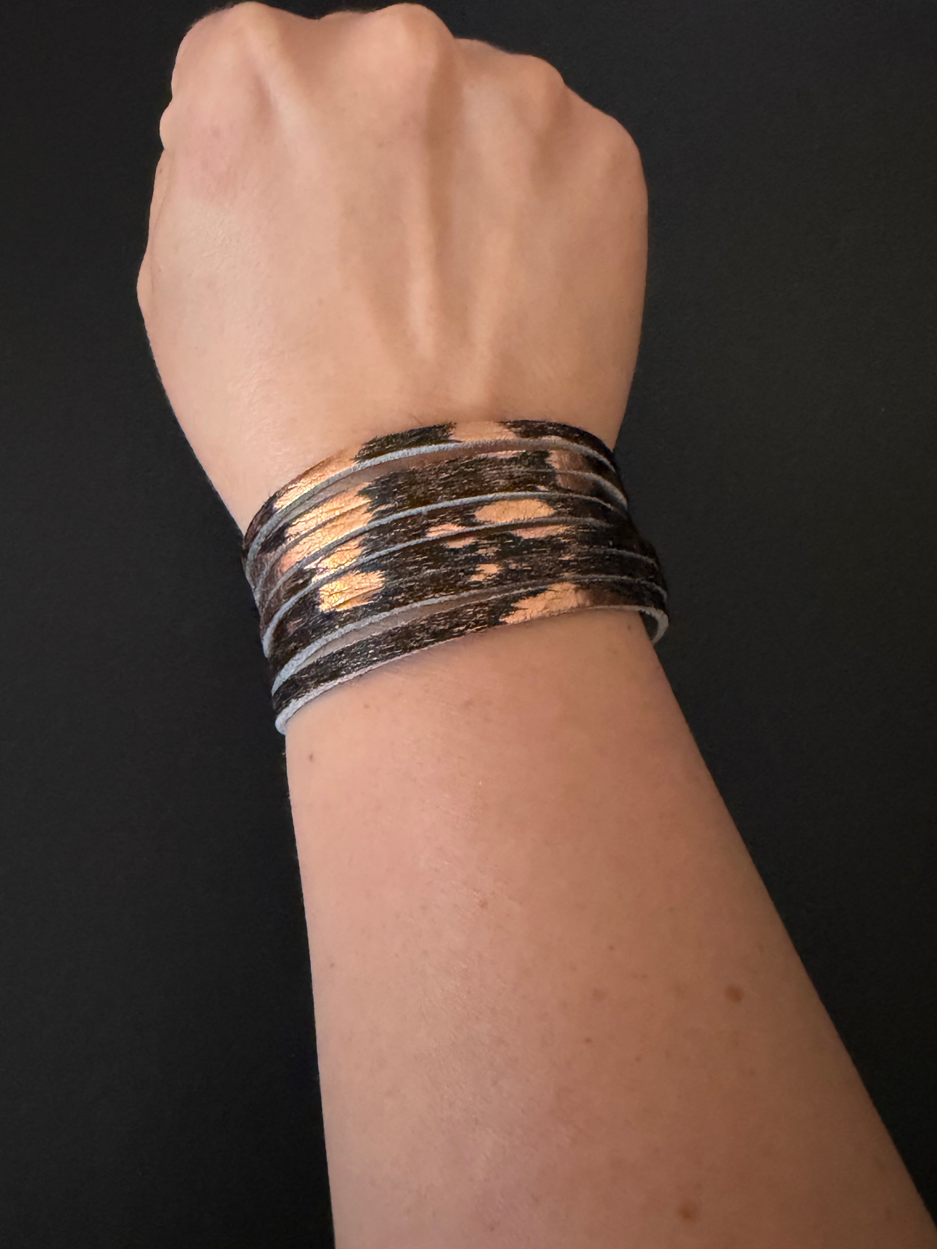 Shimmering Bronze Textured Boho Multicolor 1" Leather Snap Cuff Bracelet