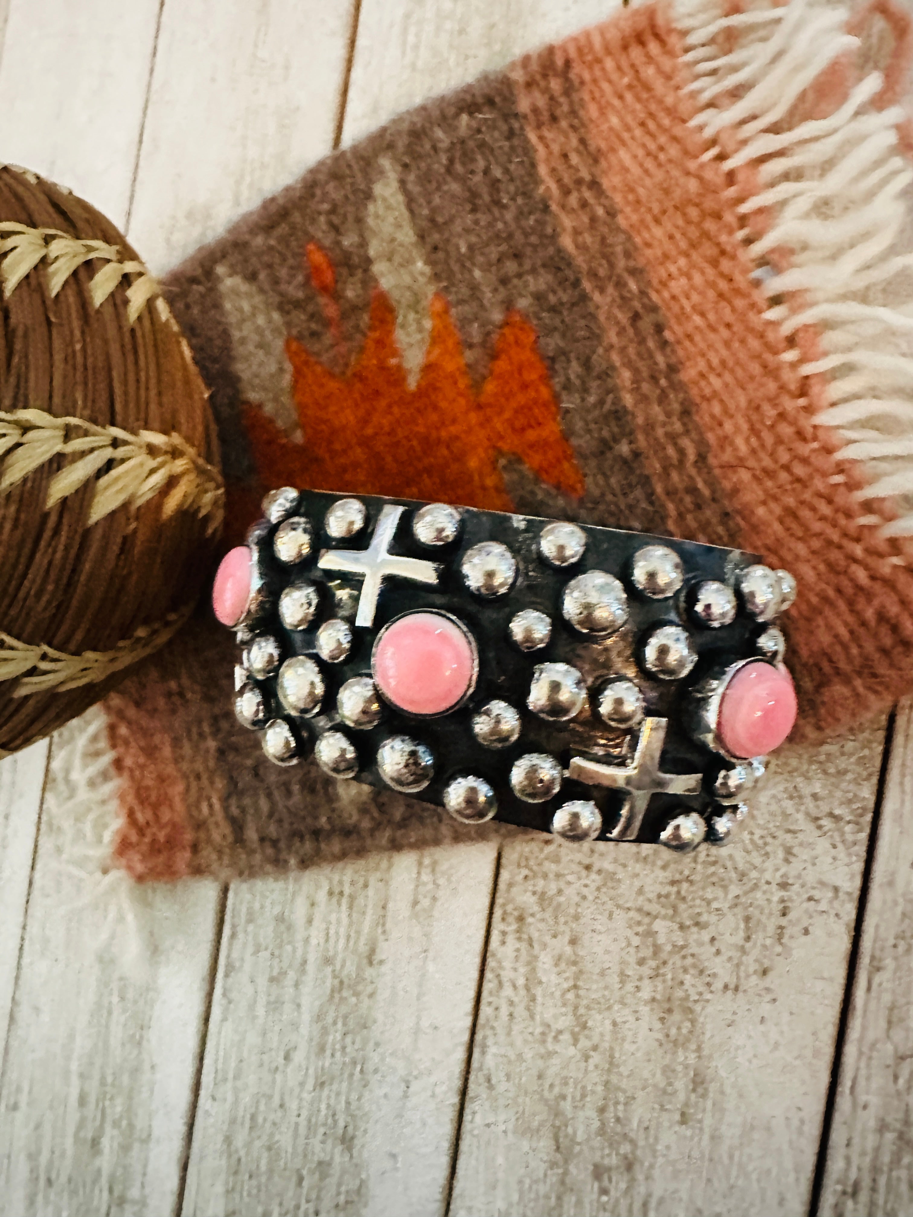 Handcrafted Queen Pink & Sterling Silver Cross Cuff Bracelet By Chimney Butte