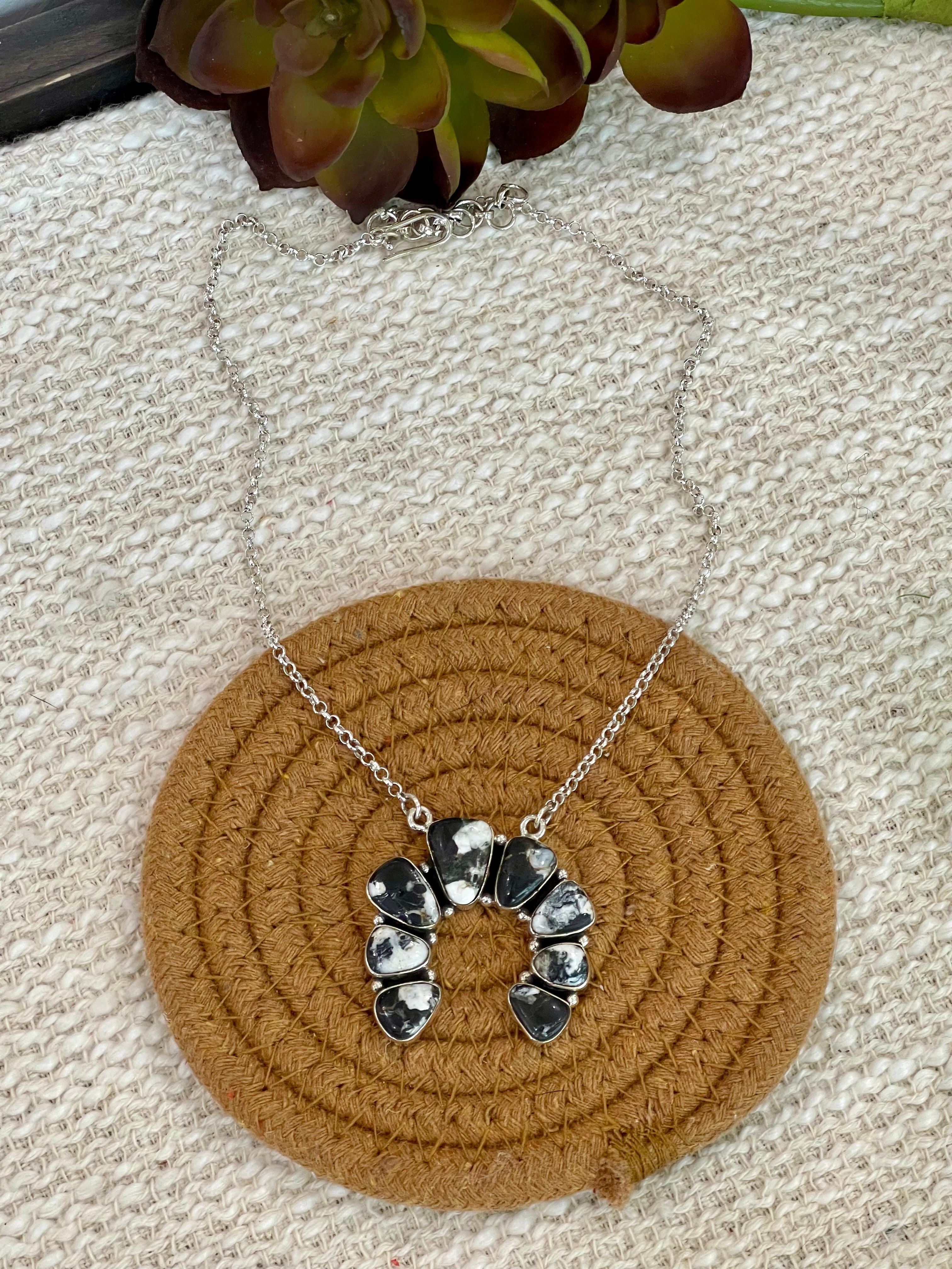 Handmade Sterling Silver, White Buffalo Cluster Naja Necklace Signed Nizhoni