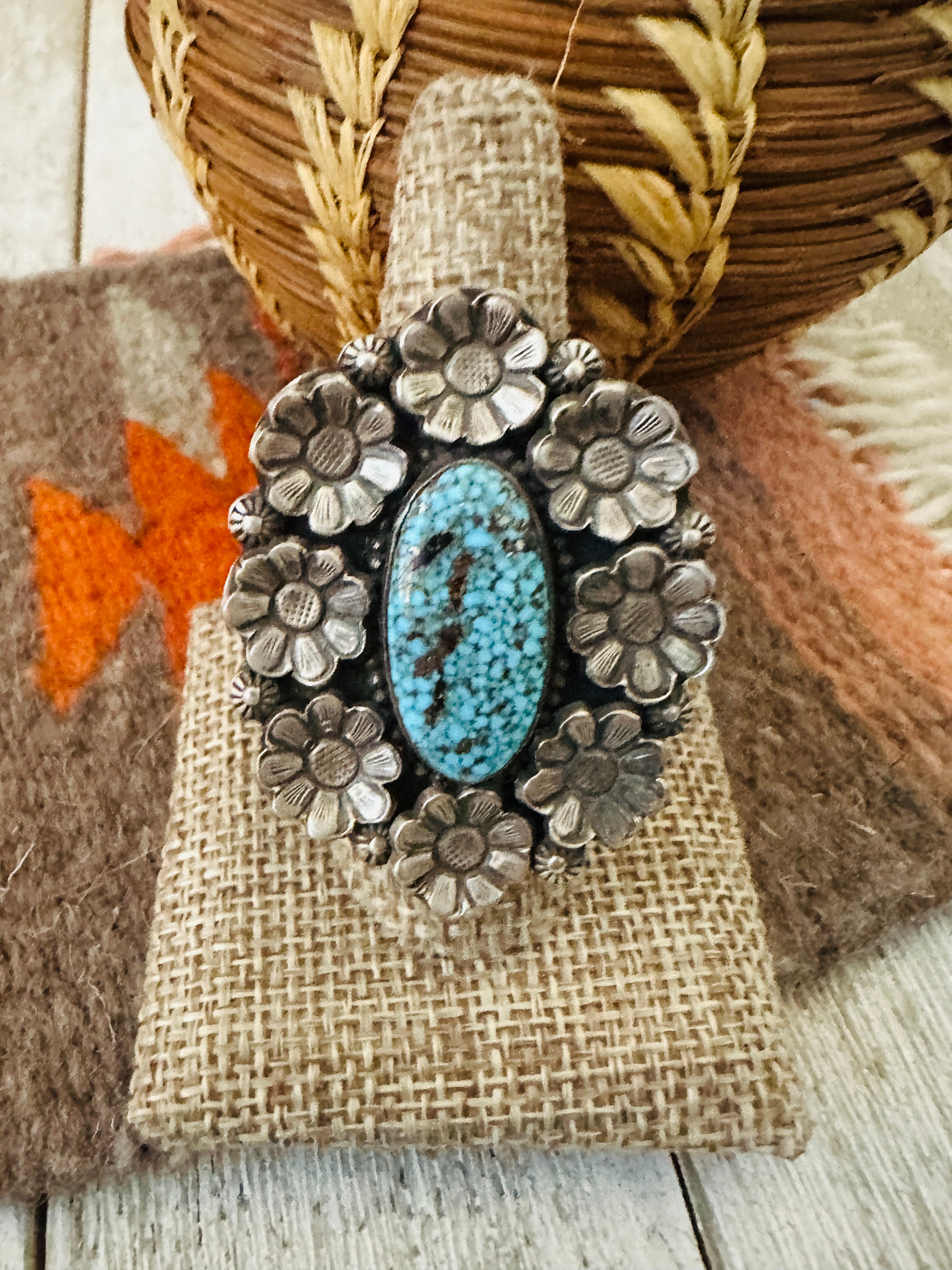 Handcrafted Birdseye Kingman Turquoise & Sterling Silver Flower Ring by Calvin Martinez, Size 9