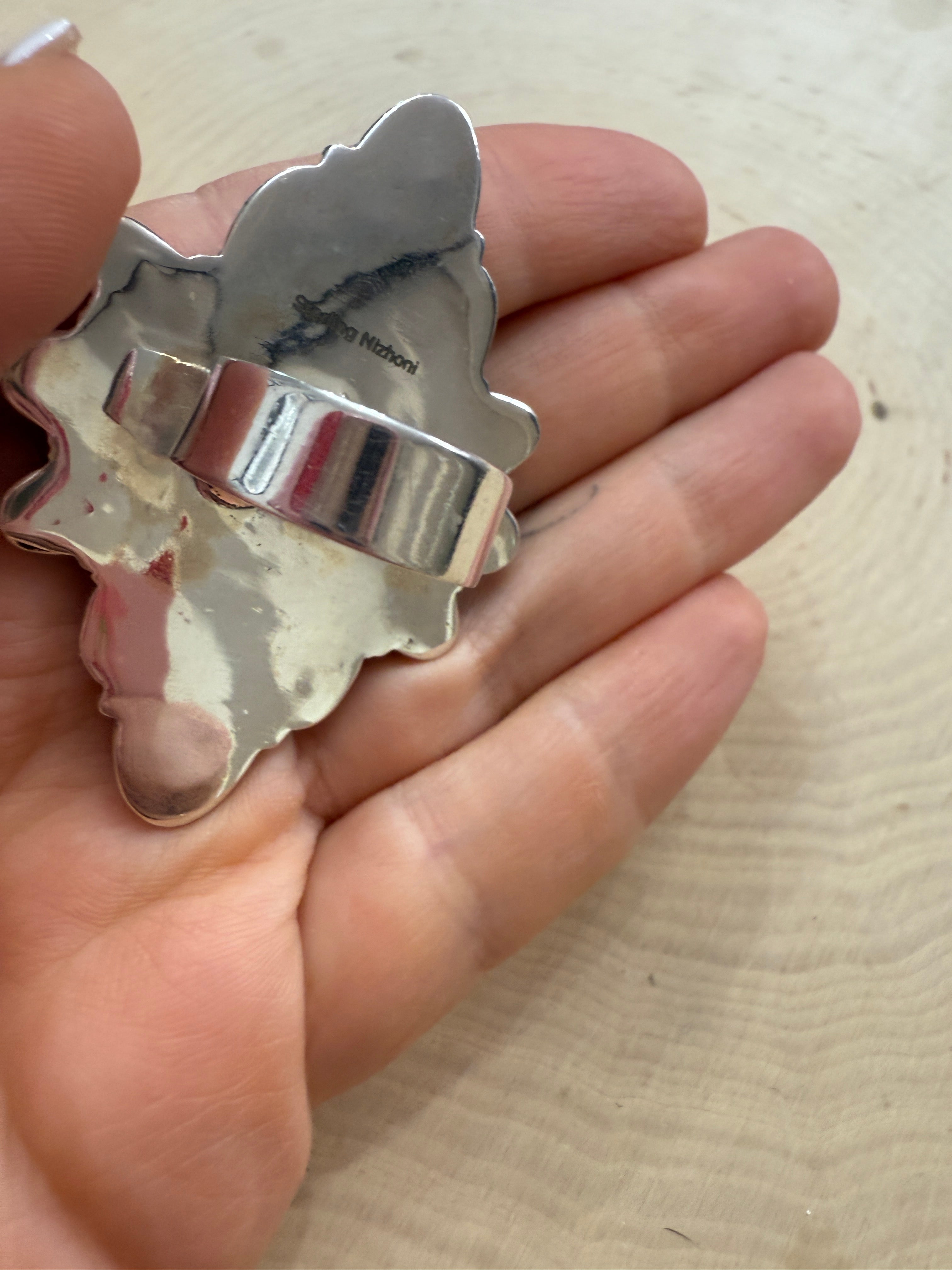 Beautiful Handmade Wild Horse, Pink Dream Mojave And Sterling Silver Adjustable Statement Ring