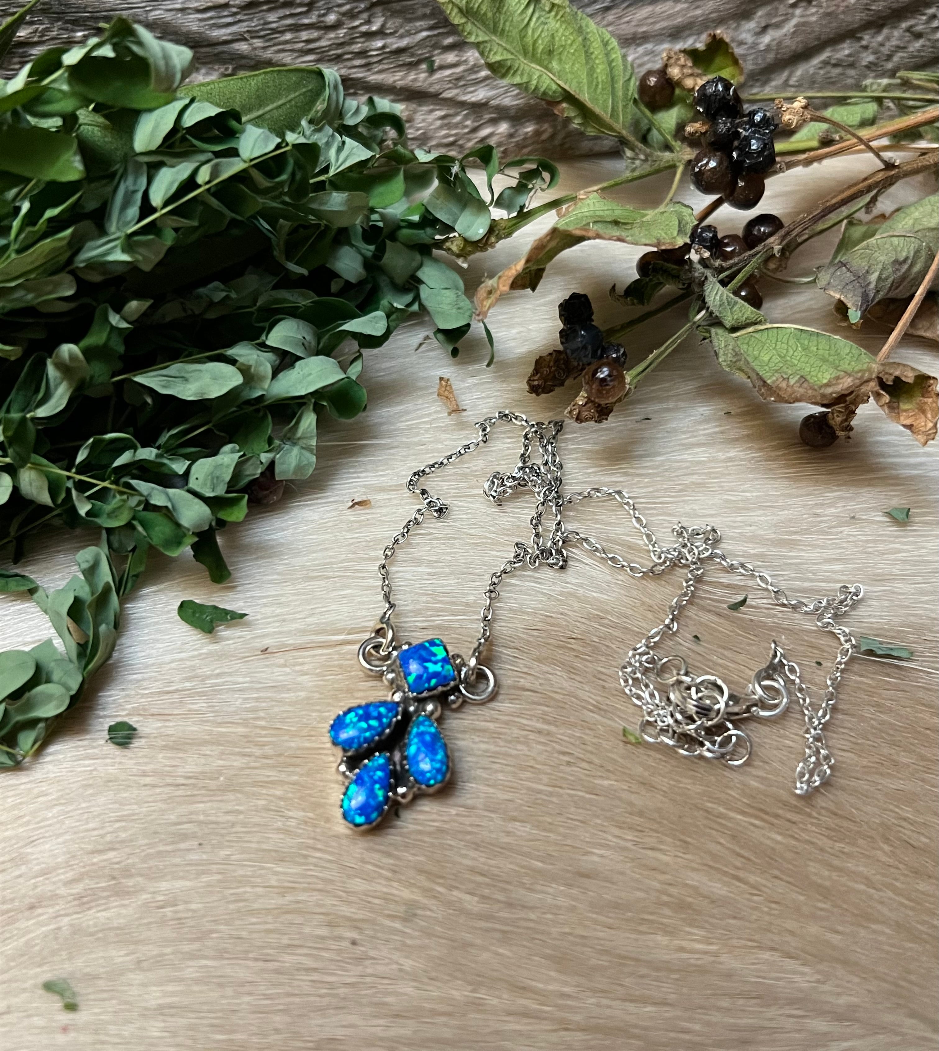 Handmade Blue Opal Tear Drop Sterling Silver Necklace