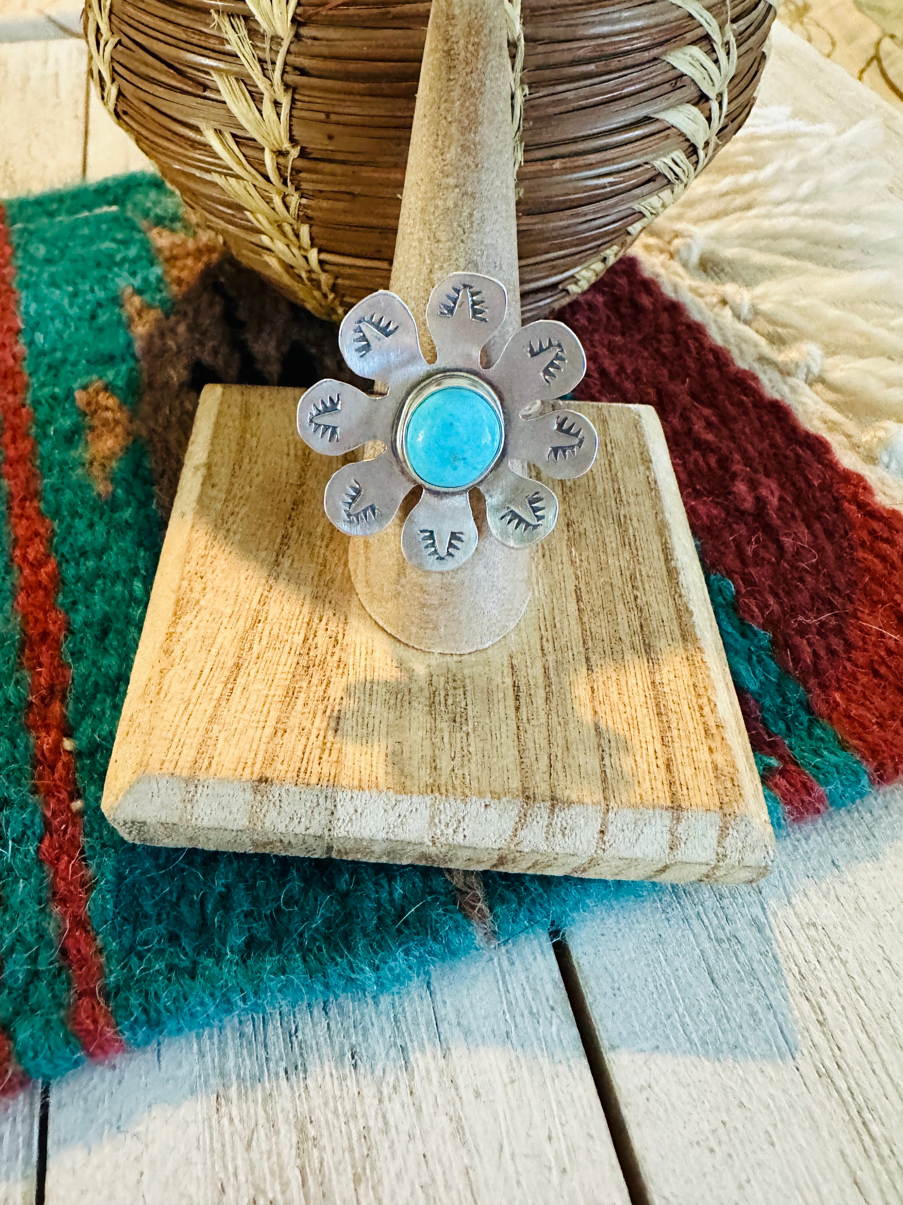 Handcrafted Sterling Silver & Turquoise Adjustable Flower Ring