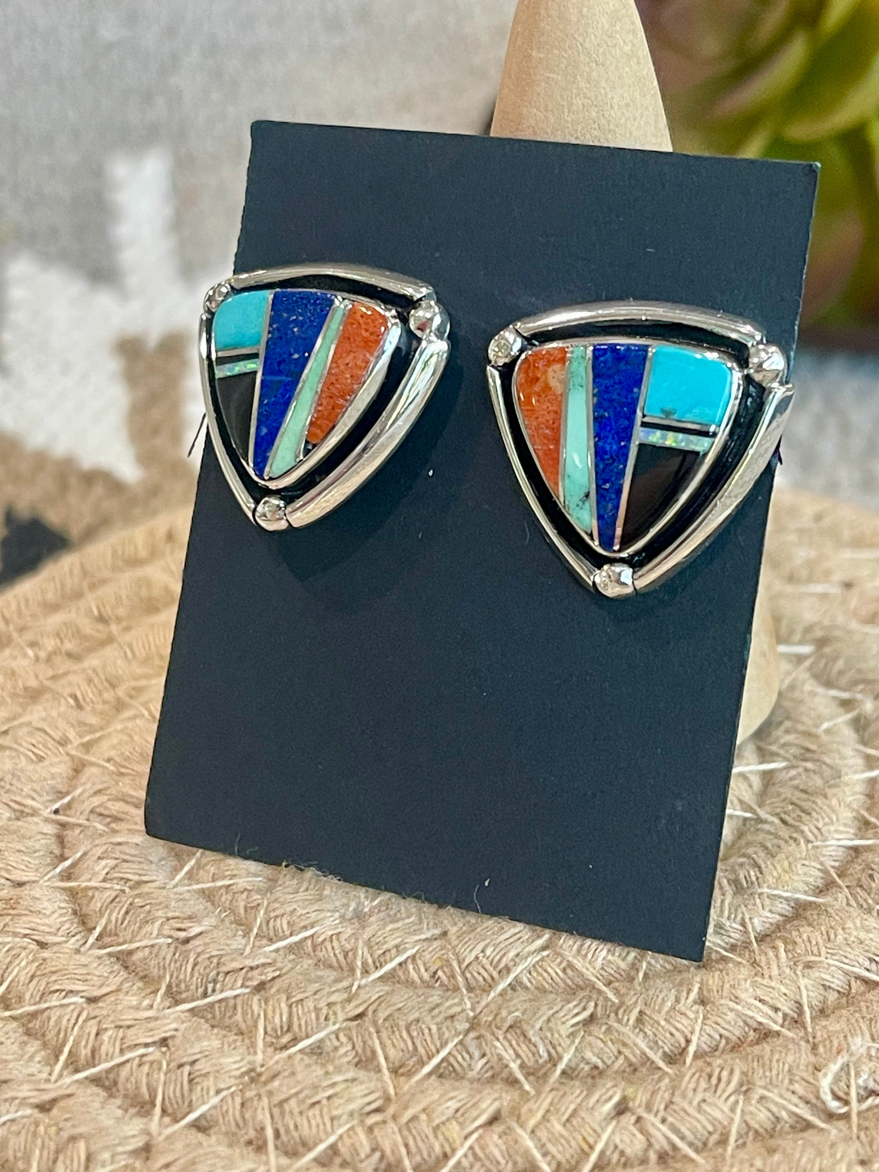 Navajo Multi Stone & Sterling Silver Inlay Post Earrings