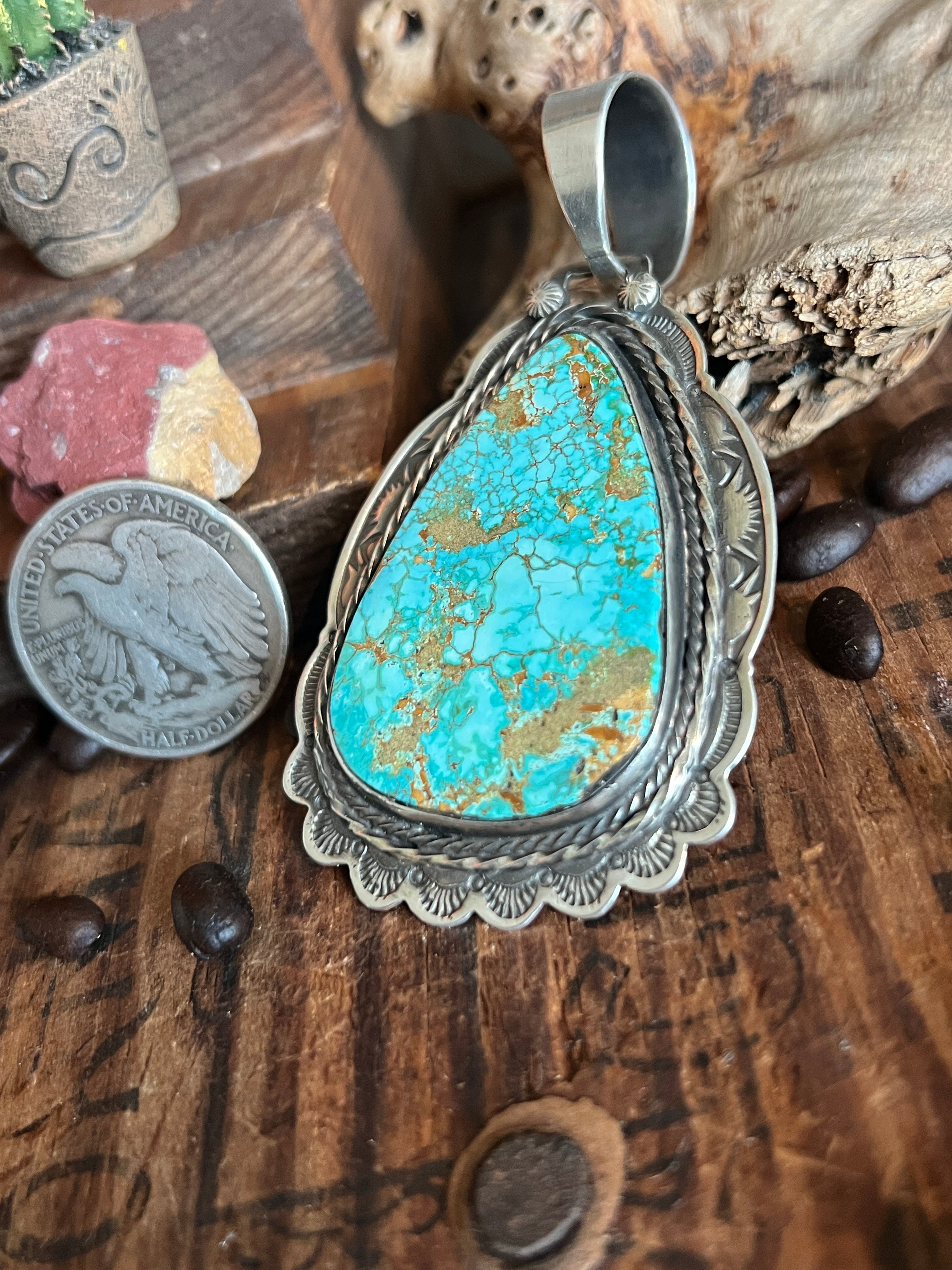 Hand Stamped Sterling Silver & Royston Turquoise Pendant by Kimari Somers