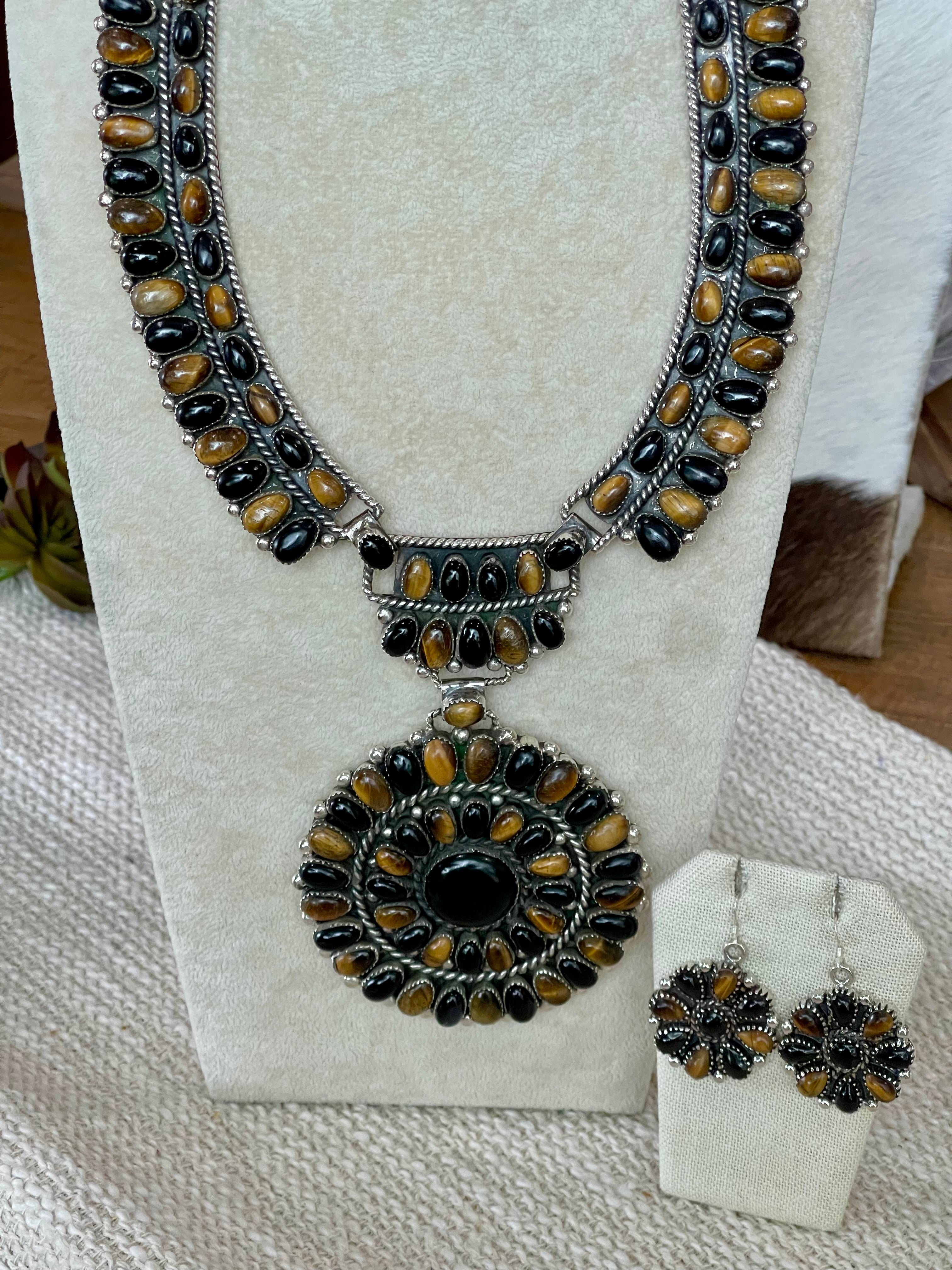 Beautiful Handmade Sterling Silver, Onyx & Amber Cluster Necklace And Earring Set