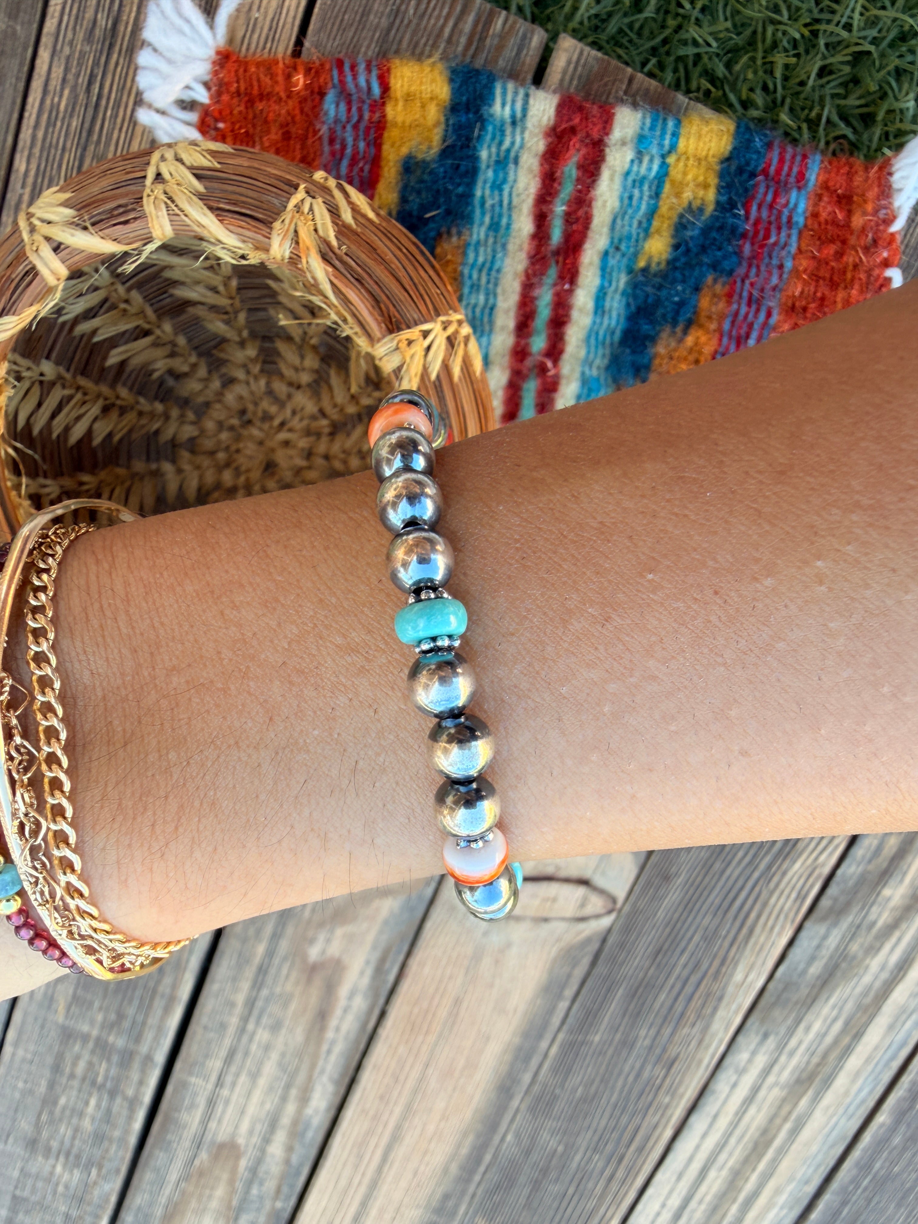 Handcrafted Turquoise, Spiny Oyster & Sterling Silver Pearl Beaded Bracelet
