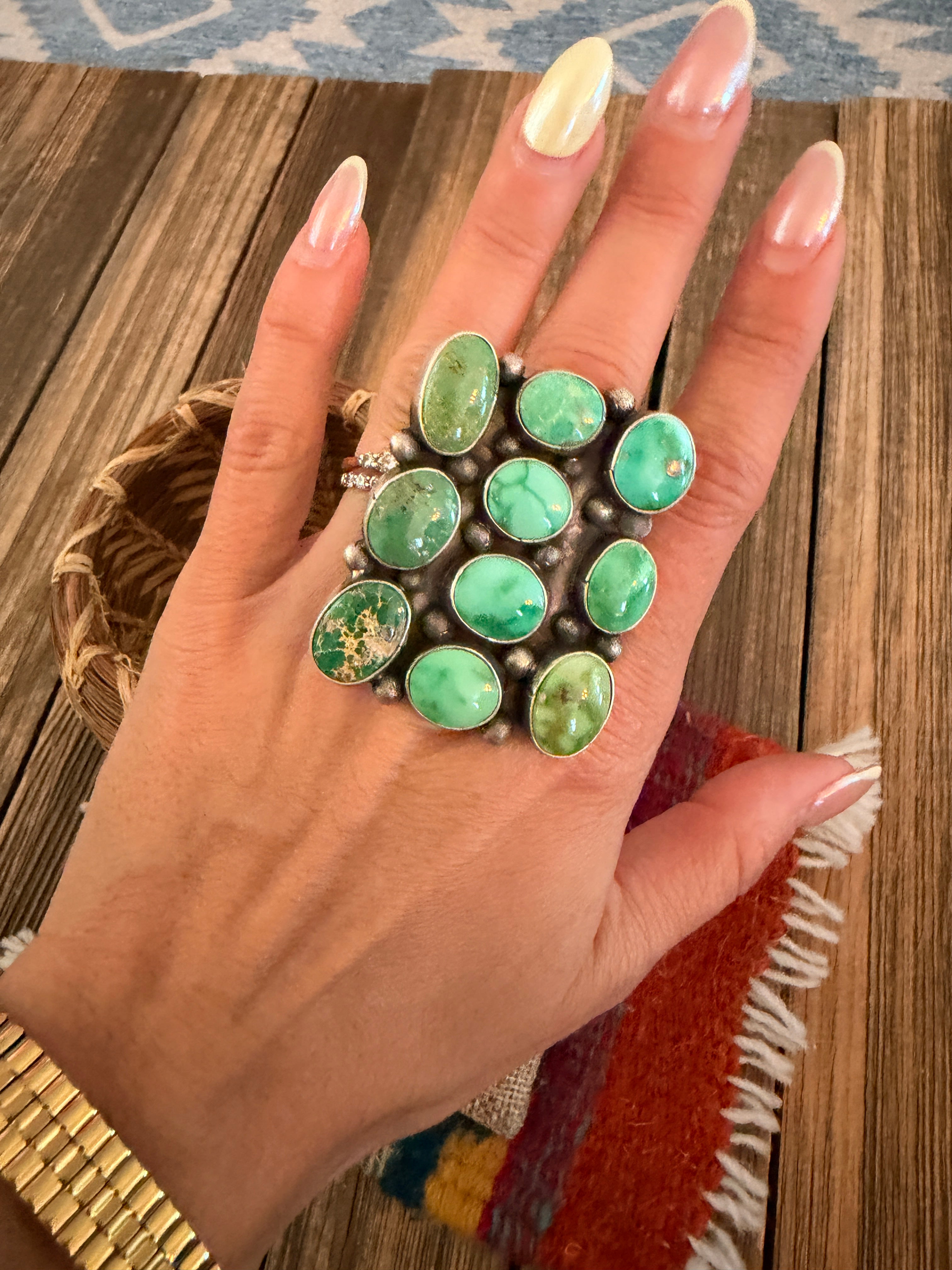 Handcrafted Sonoran Mountain Turquoise & Sterling Silver Cluster Ring Size 8 Sheila Becenti