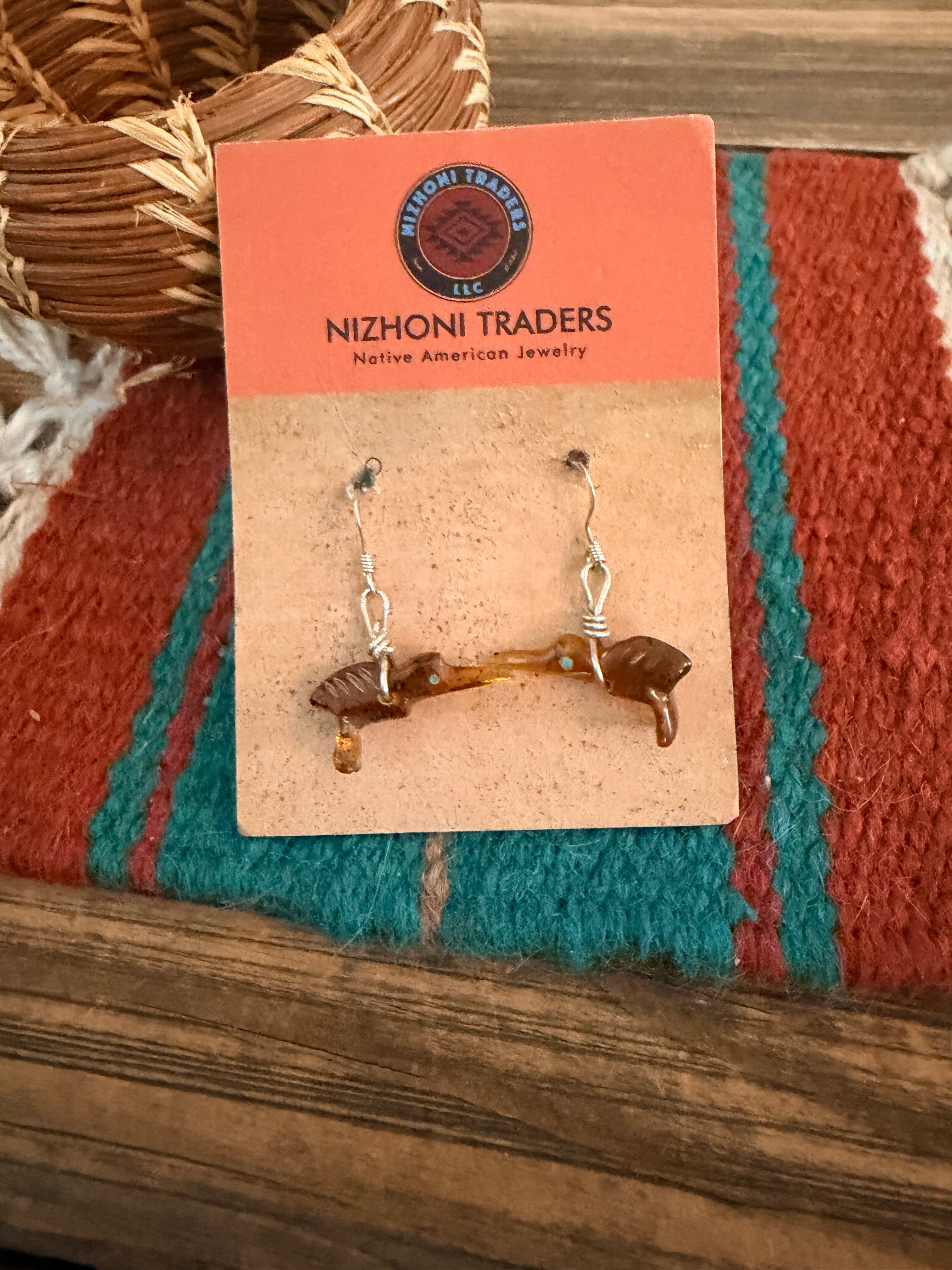Hand Carved Amber and Turquoise Fetish Hummingbird Dangle Earrings