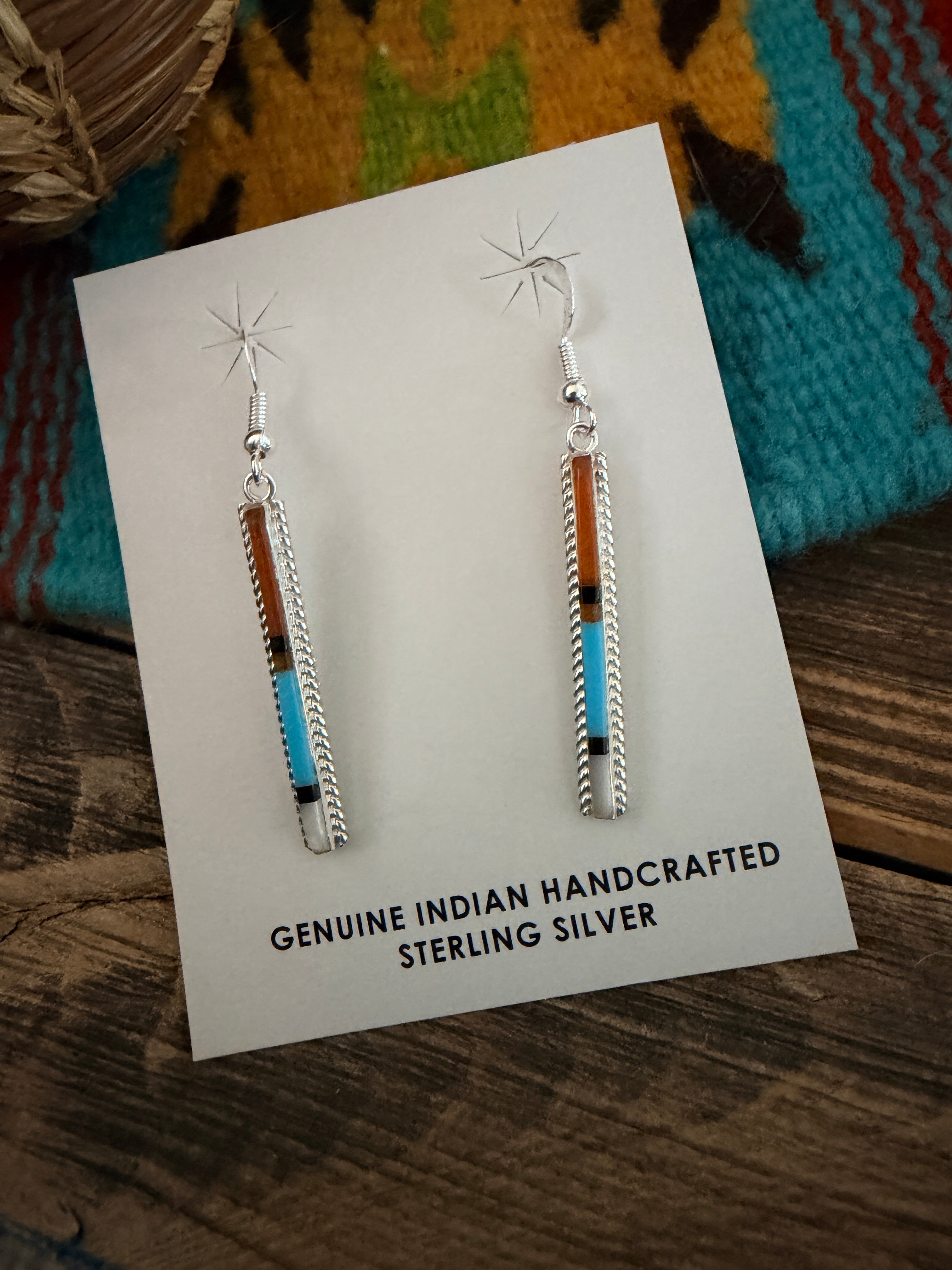 Handcrafted Multi Stone & Sterling Silver Inlay Dangle Earrings by Allen Barney