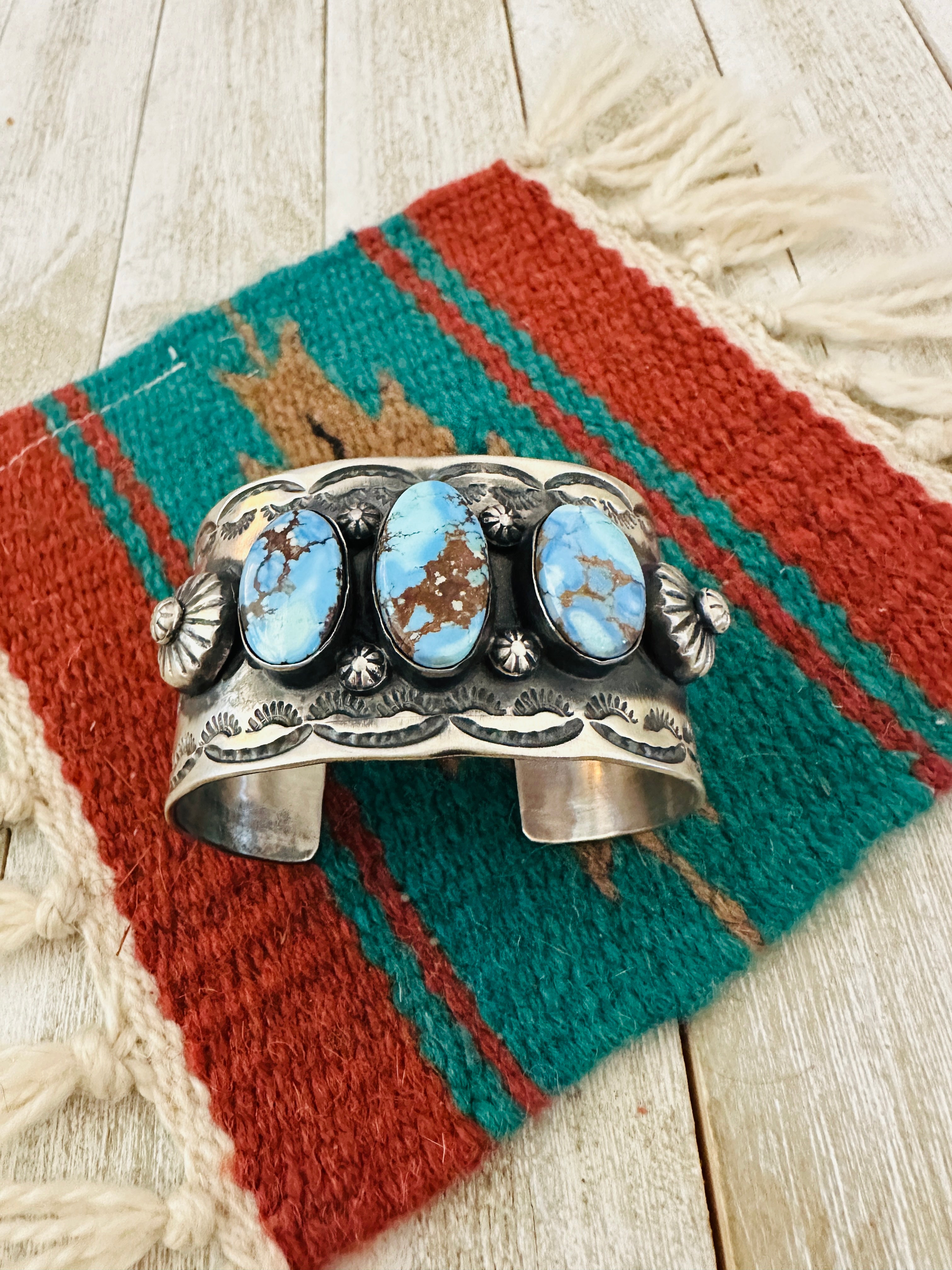 Handcrafted Sterling Silver & Golden Hills Turquoise Cuff Bracelet by Chimney Butte /