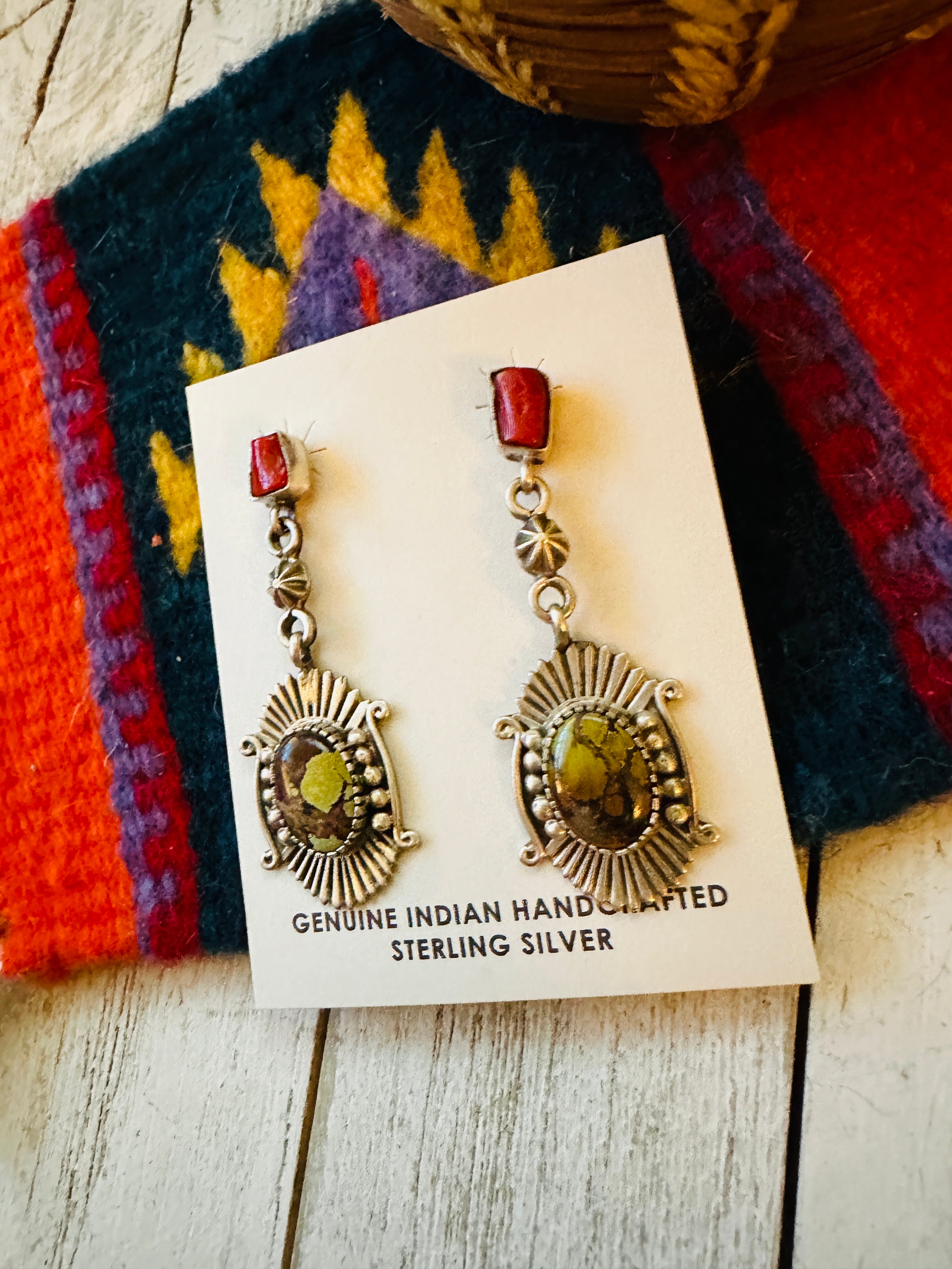 Navajo Tibetan Turquoise, Coral & Sterling Silver Dangle Earrings