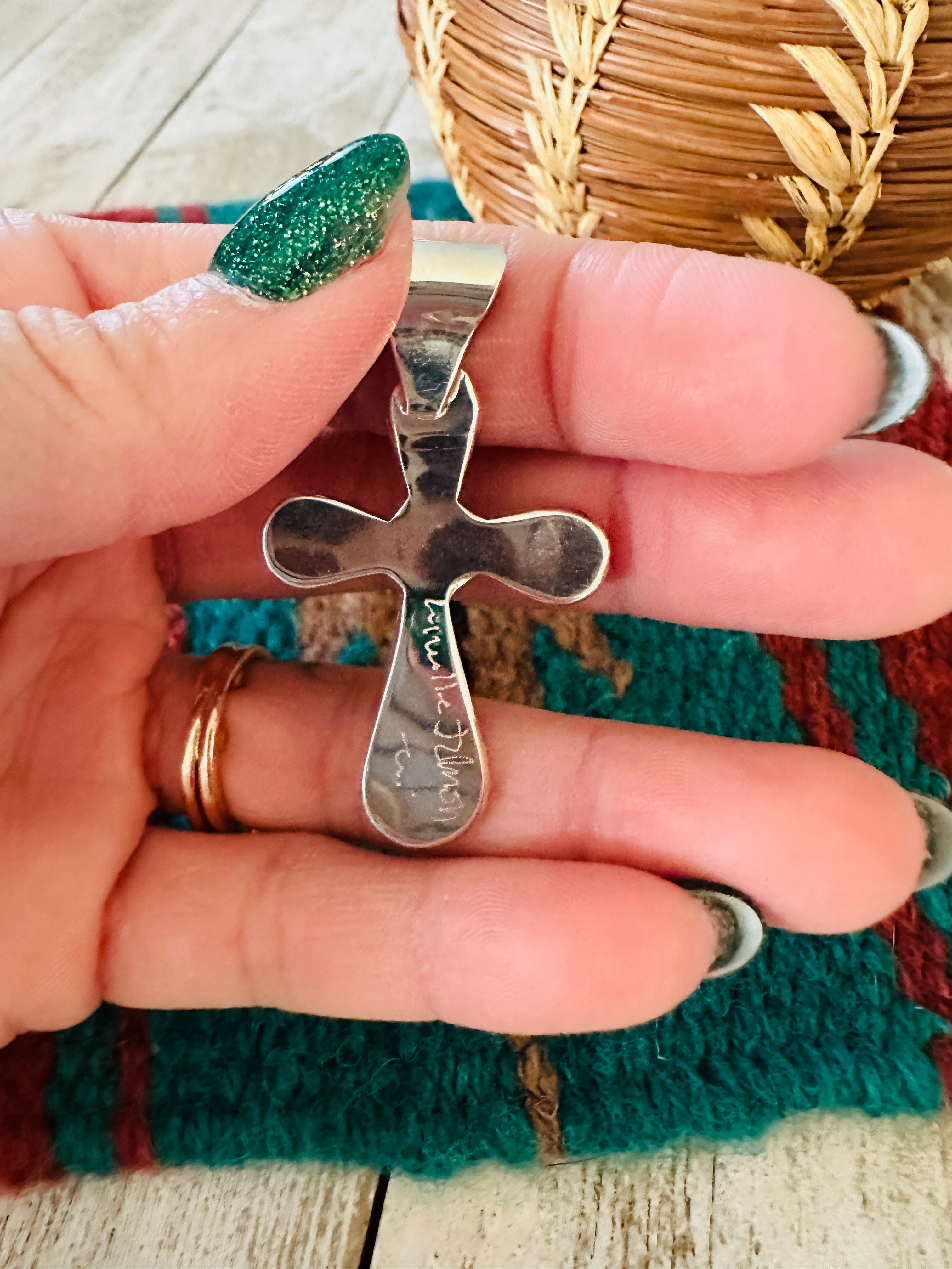 Handcrafted Sterling Silver & Blue qOpal Inlay Cross Pendant Signed