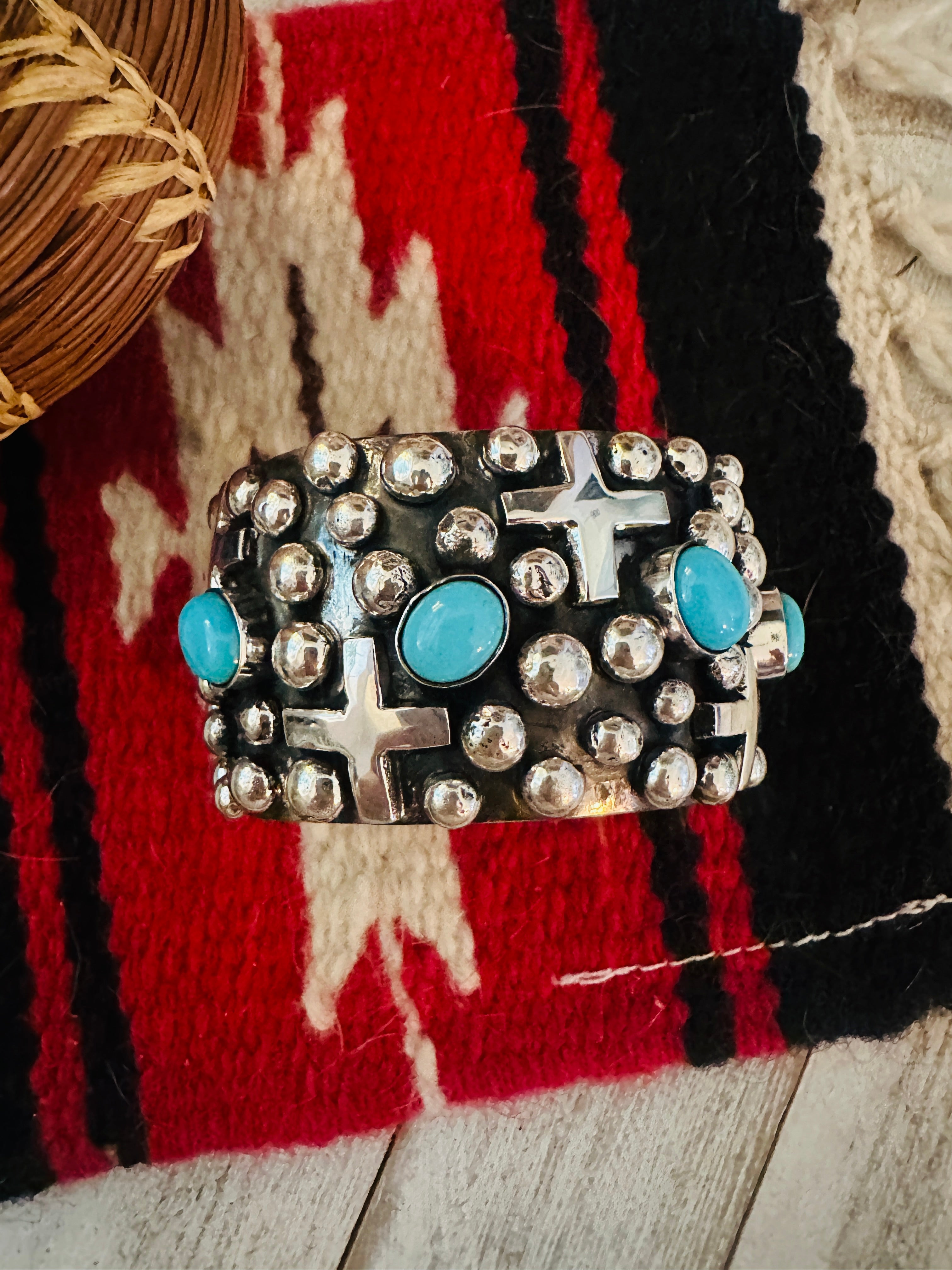 Navajo Turquoise & Sterling Silver Cross Cuff Bracelet By Chimney Butte /