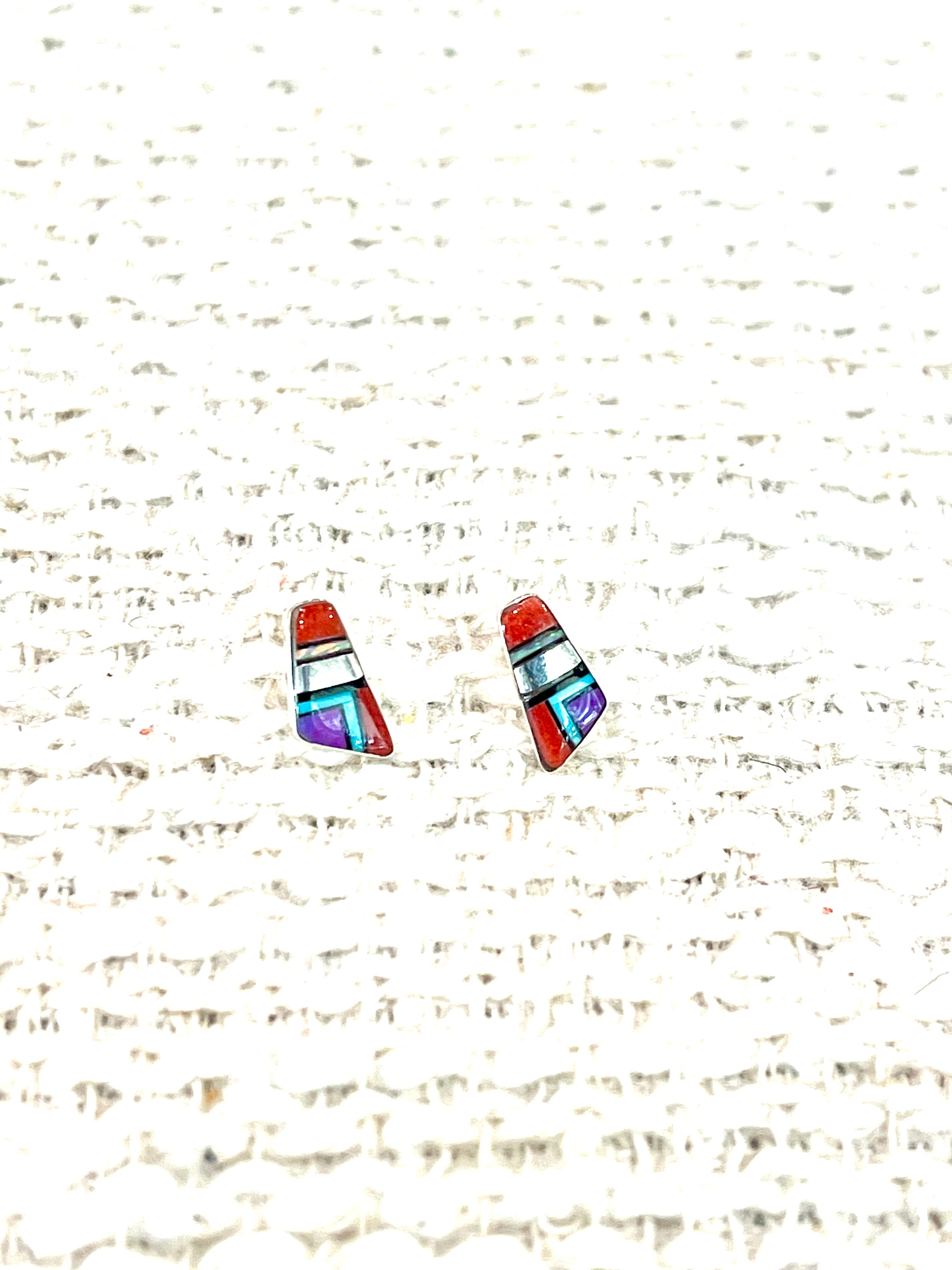 Beautiful Handmade Sterling Silver & Multi Stone Inlay Stud Earrings