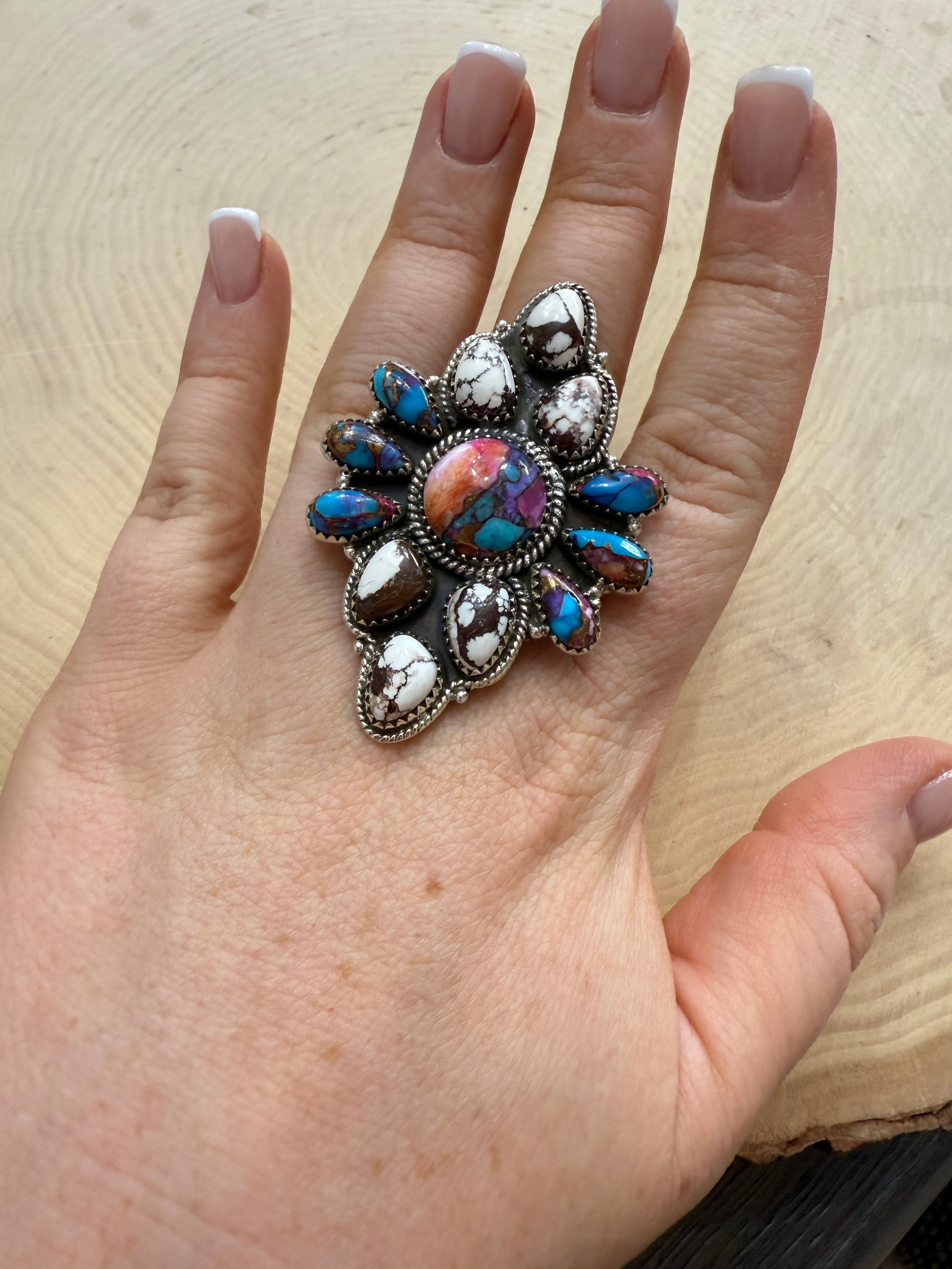 Beautiful Handmade Wild Horse, Pink Dream Mojave And Sterling Silver Adjustable Statement Ring