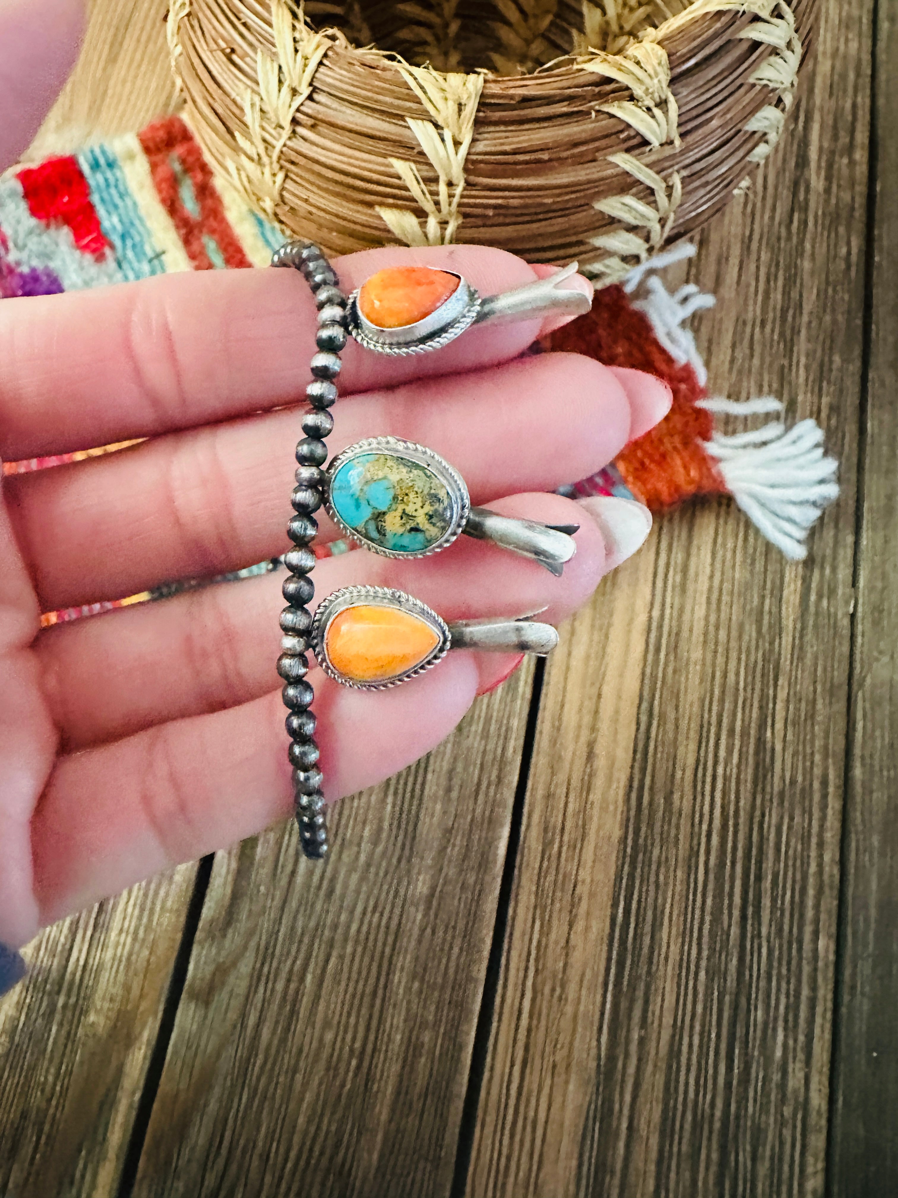 Handcrafted 3mm Sterling Silver Pearl, Turquoise & Spiny Oyster Blossom Stretch Bracelet