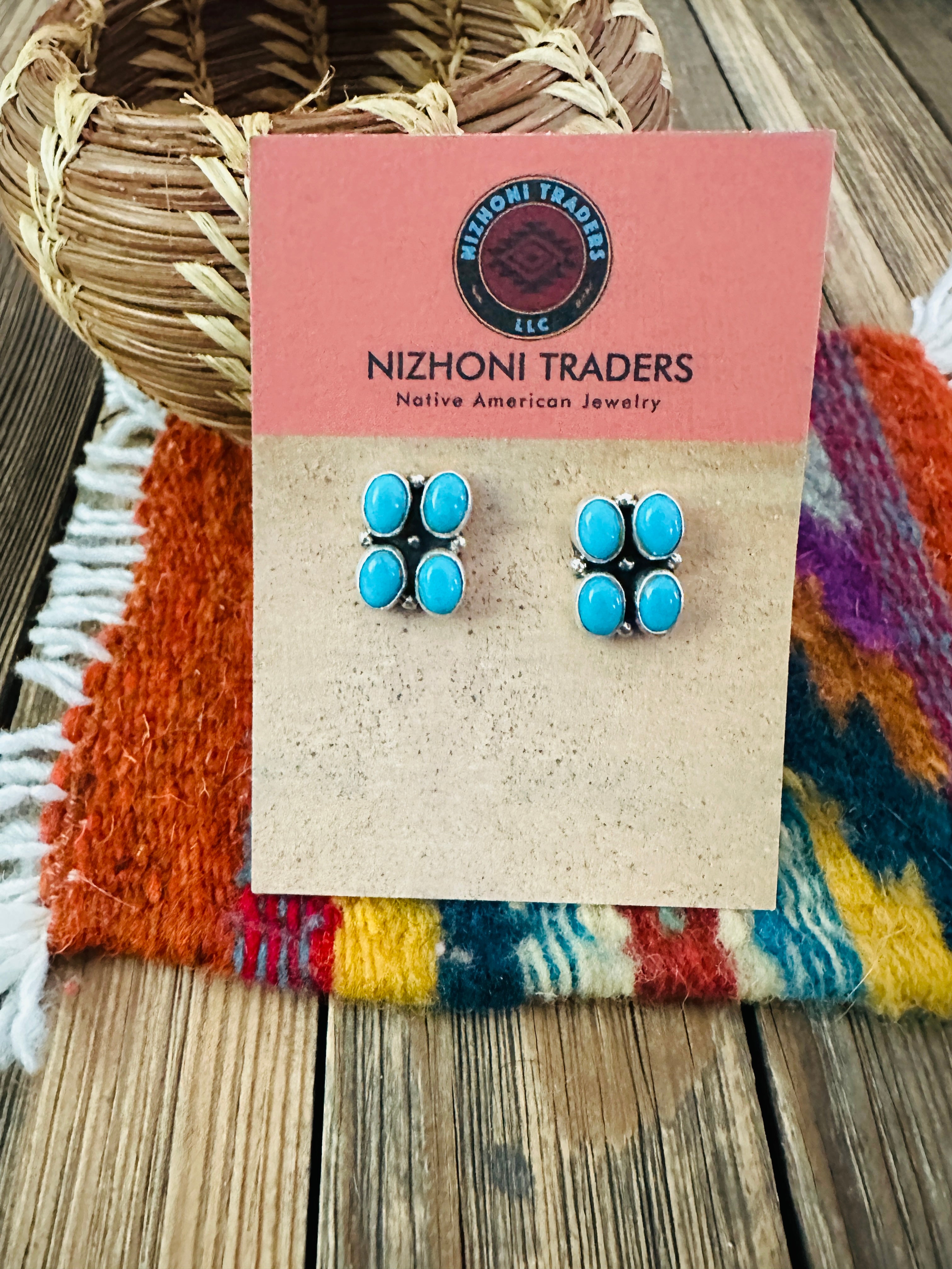 Handcrafted Turquoise & Sterling Silver Cluster Post Earrings