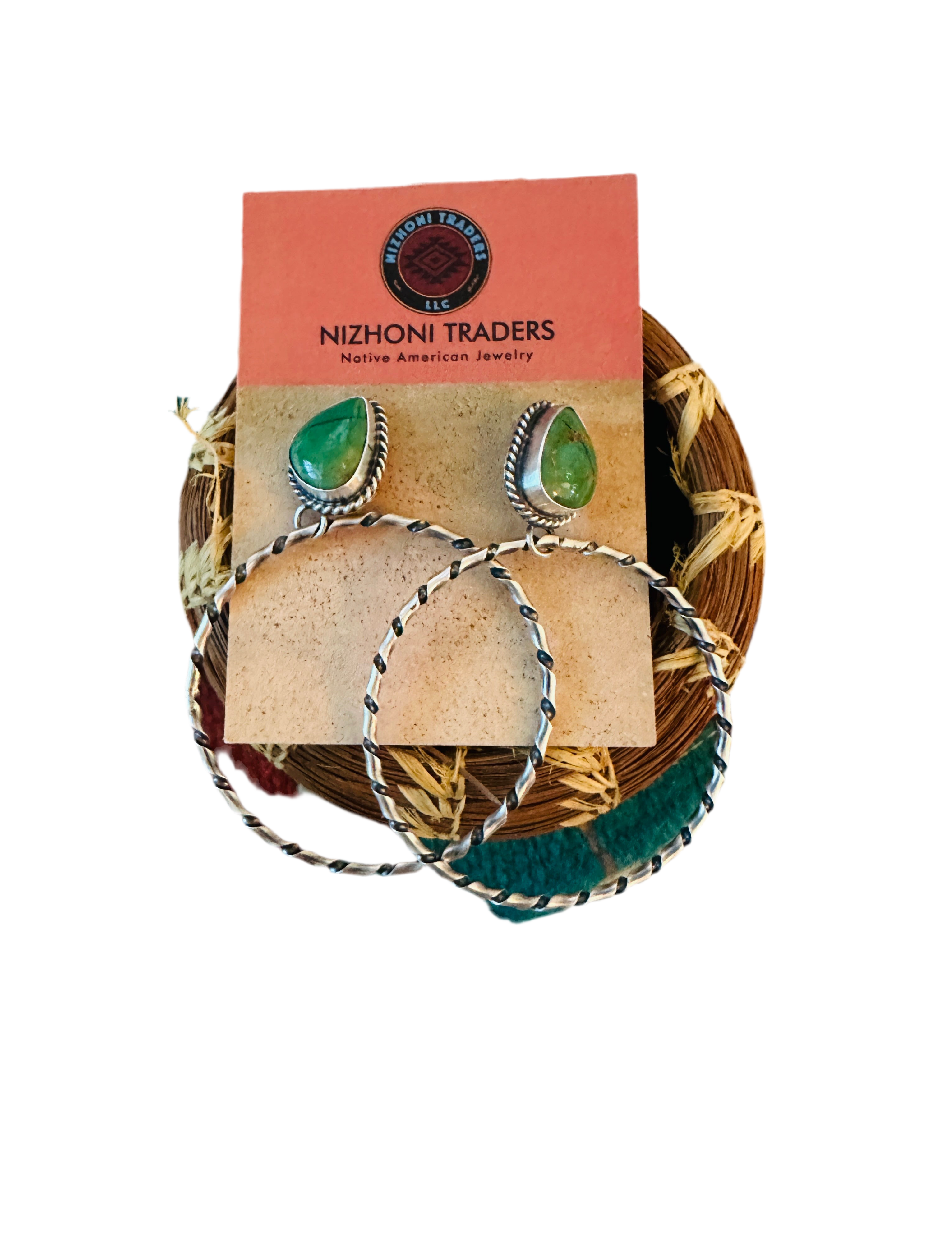 Navajo Turquoise and Sterling Silver Dangle Hoop Earrings