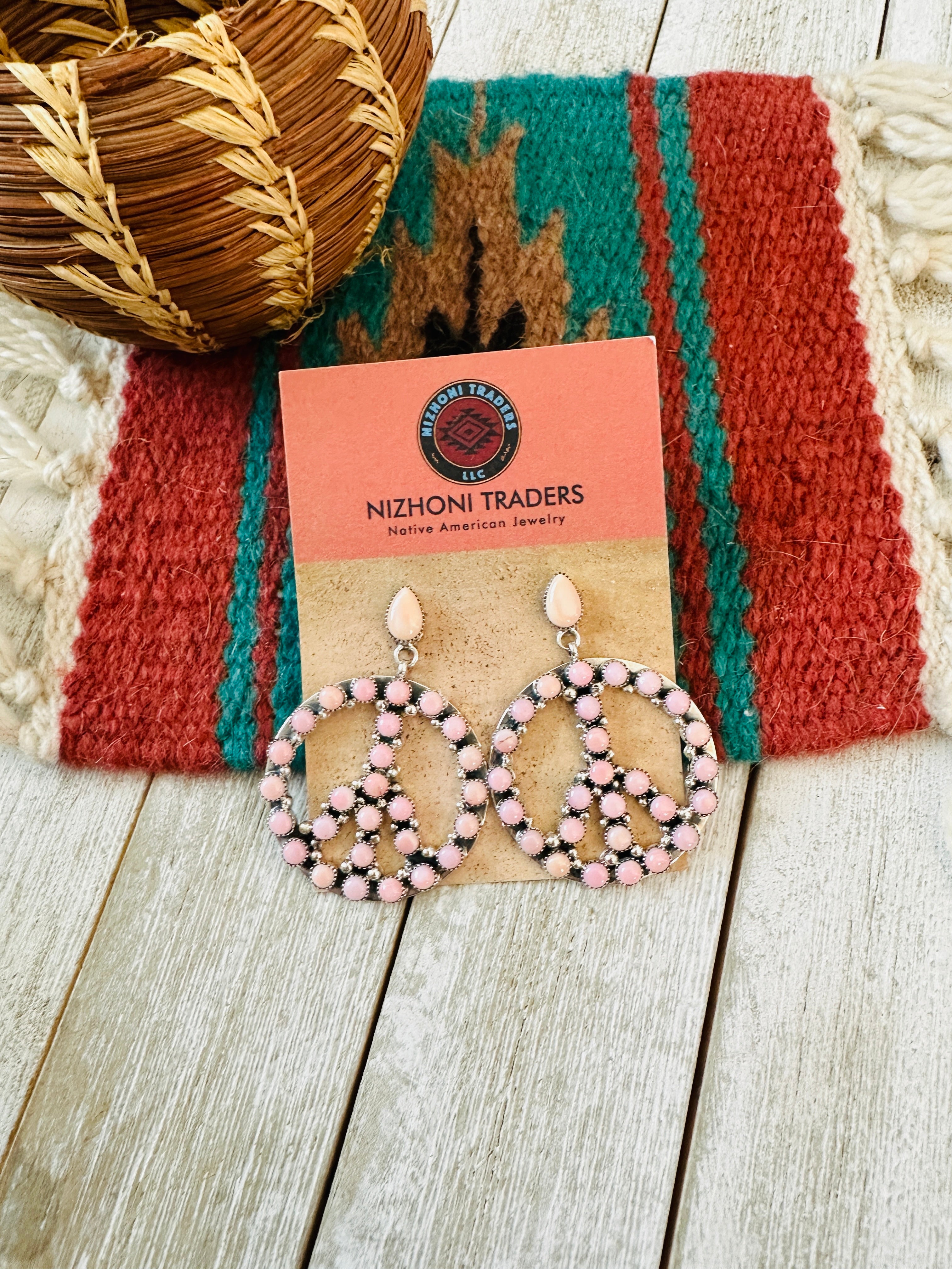 Navajo Queen Pink Conch & Sterling Silver Peace Sign Dangle Earrings