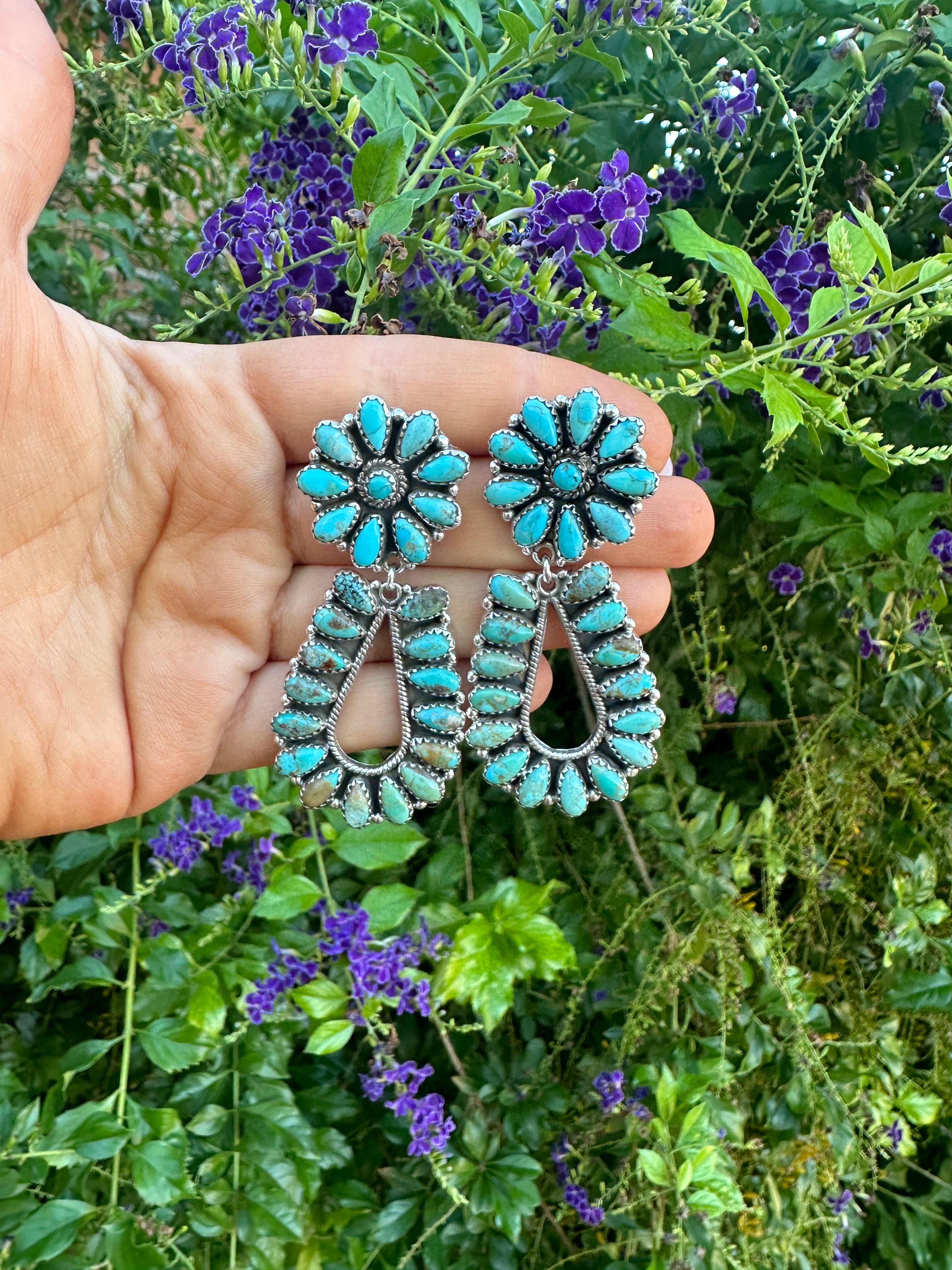 FLOWER DROPS Handmade Turquoise and Sterling Silver Dangles