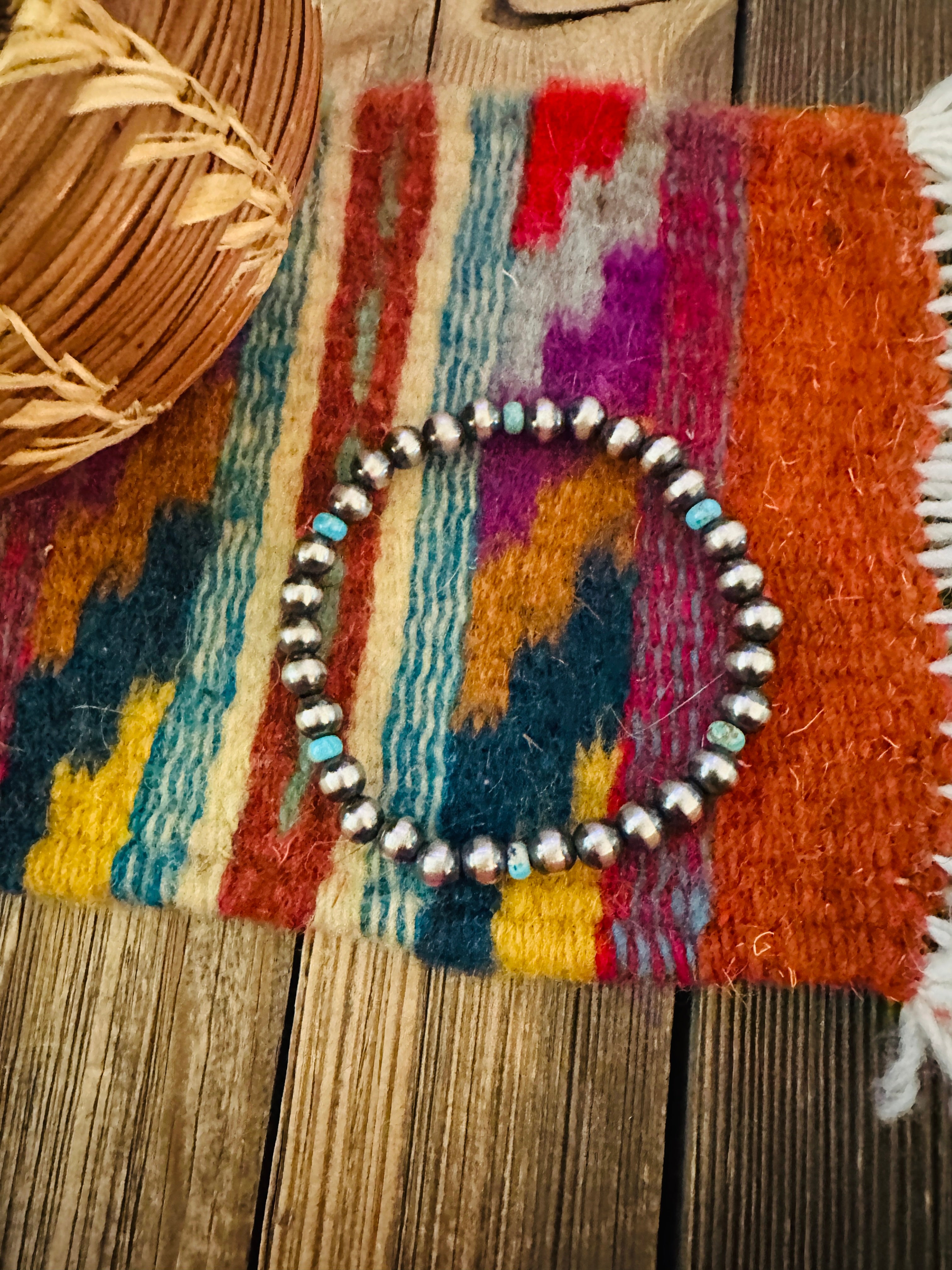 Handcrafted 5mm Sterling Silver Pearl & Turquoise Beaded Stretch Bracelet